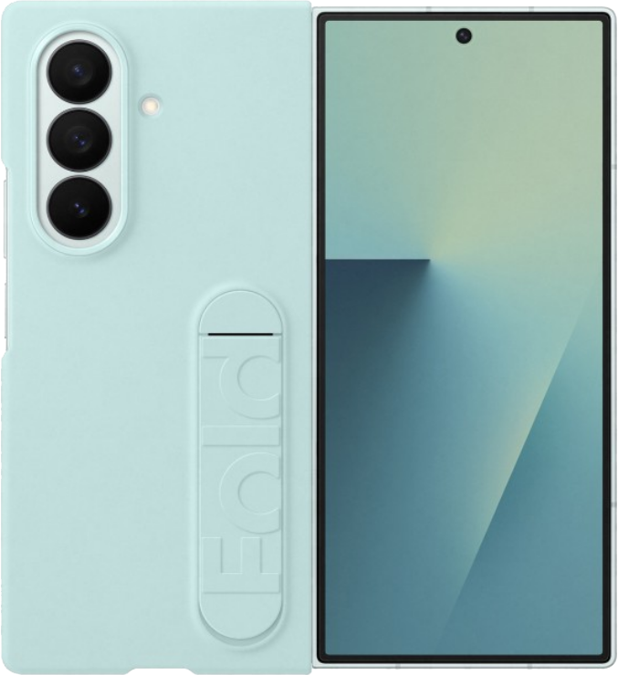 Egy világoskék összecsukható telefon nyitva. A telefon kameratömbbel rendelkezik, a képernyő pedig egy absztrakt átmenetet mutat.