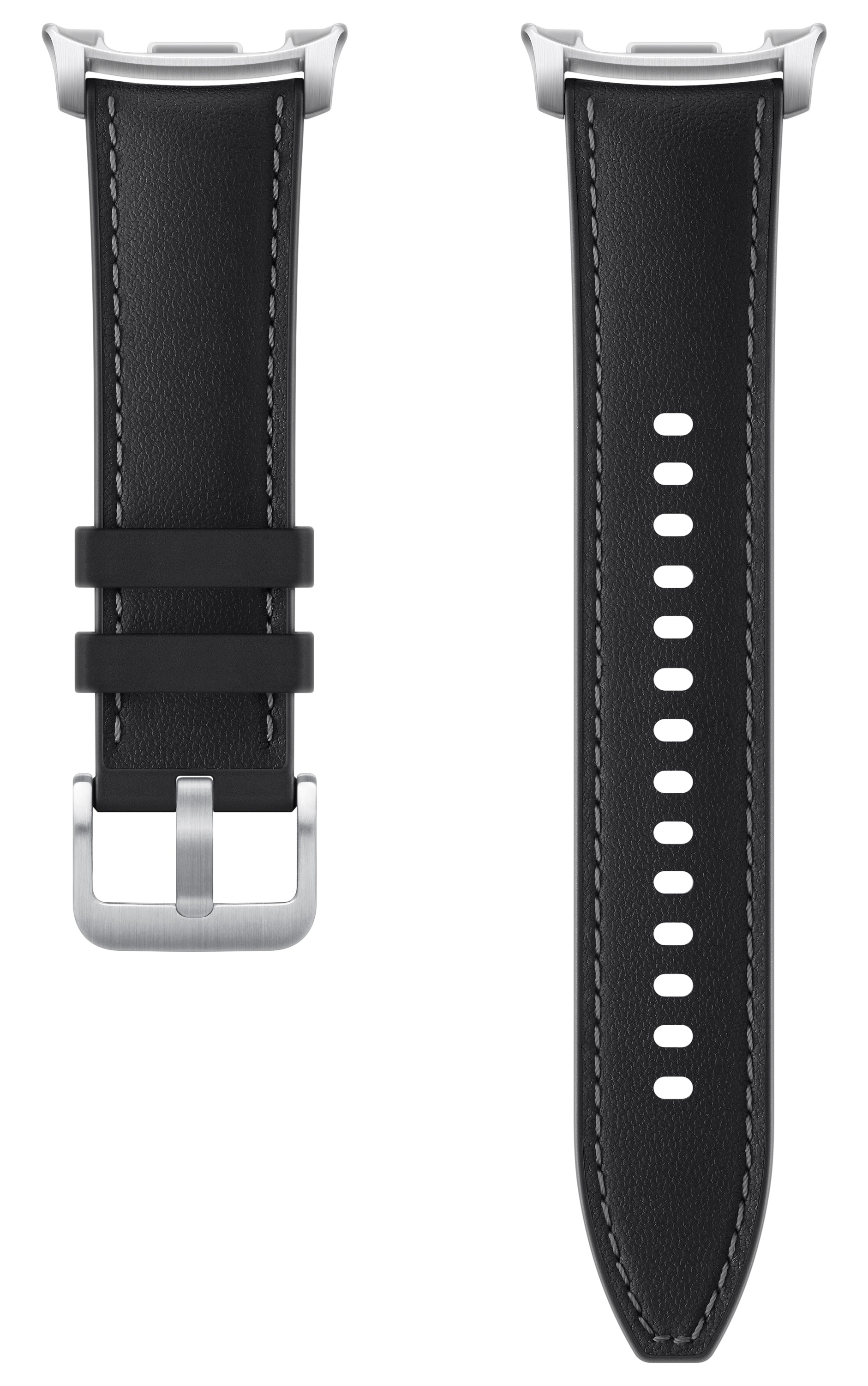 Czarny skórzany pasek do zegarka ze srebrną klamrą i detalami szwów. Tło jest czarne.