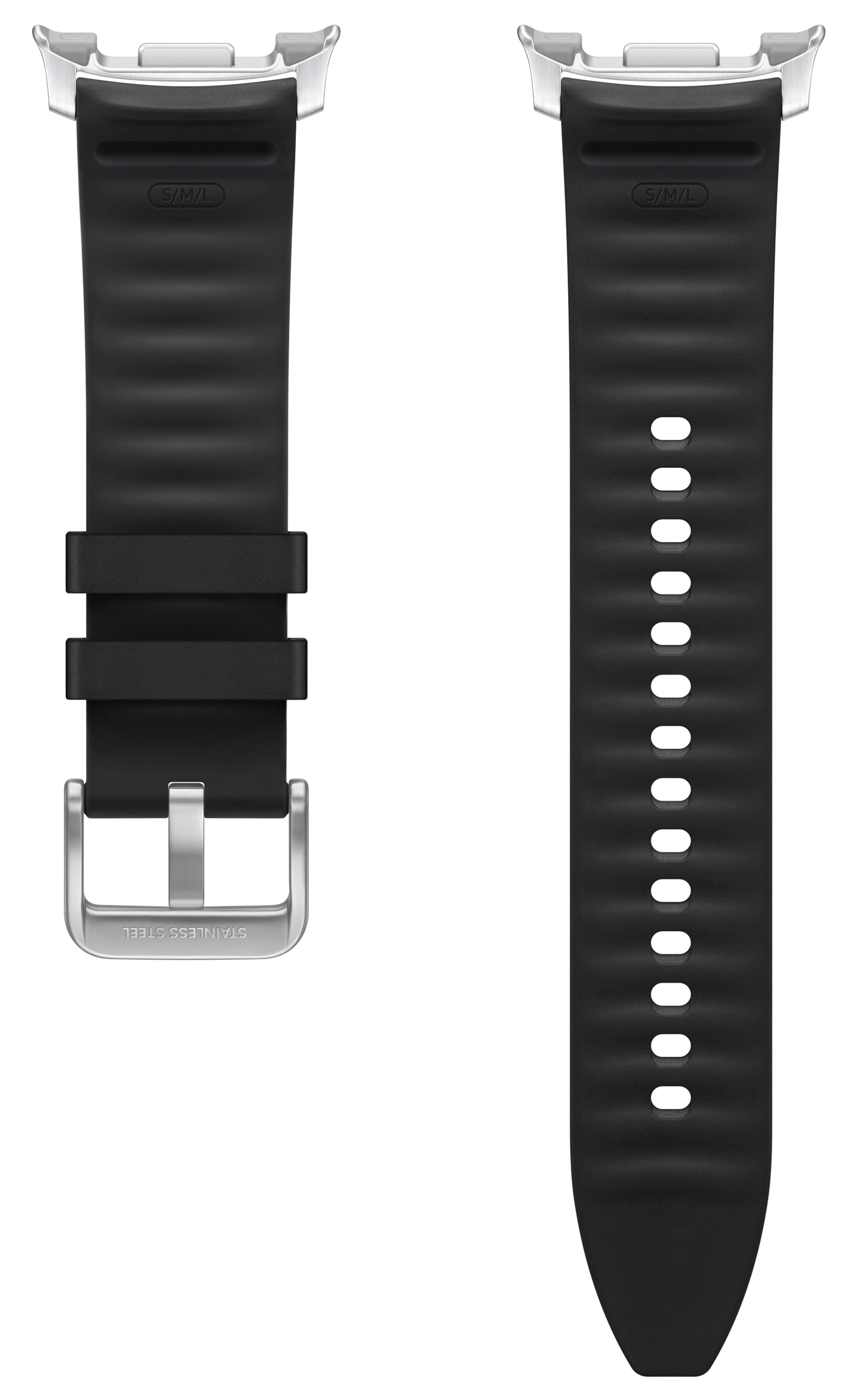 Dwa czarne paski do zegarka. Jeden z klamrą i dwoma szlufkami, drugi z otworami. Oba mają srebrne metalowe złącza.