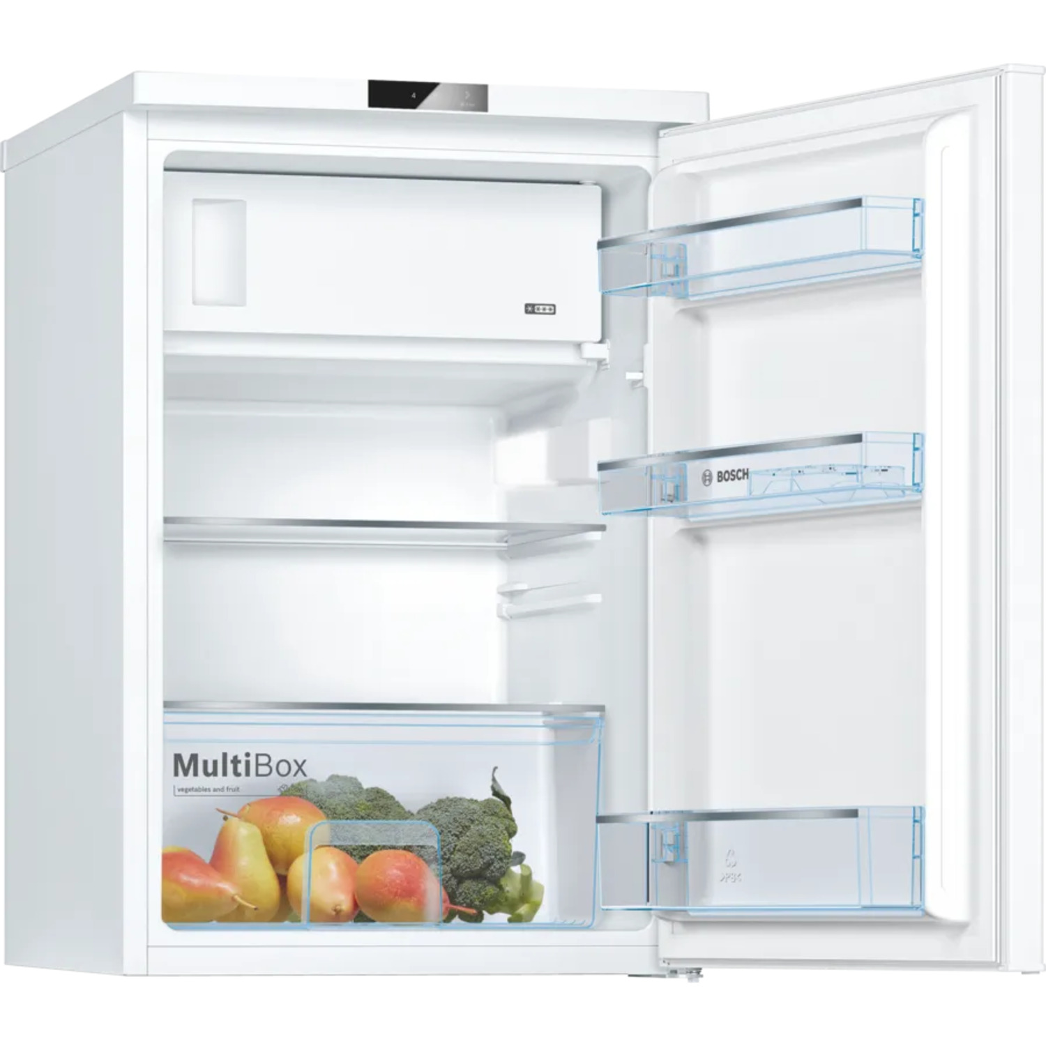 Réfrigérateur blanc ouvert avec fruits et légumes dans le tiroir. La porte est ouverte. La marque Bosch est visible.