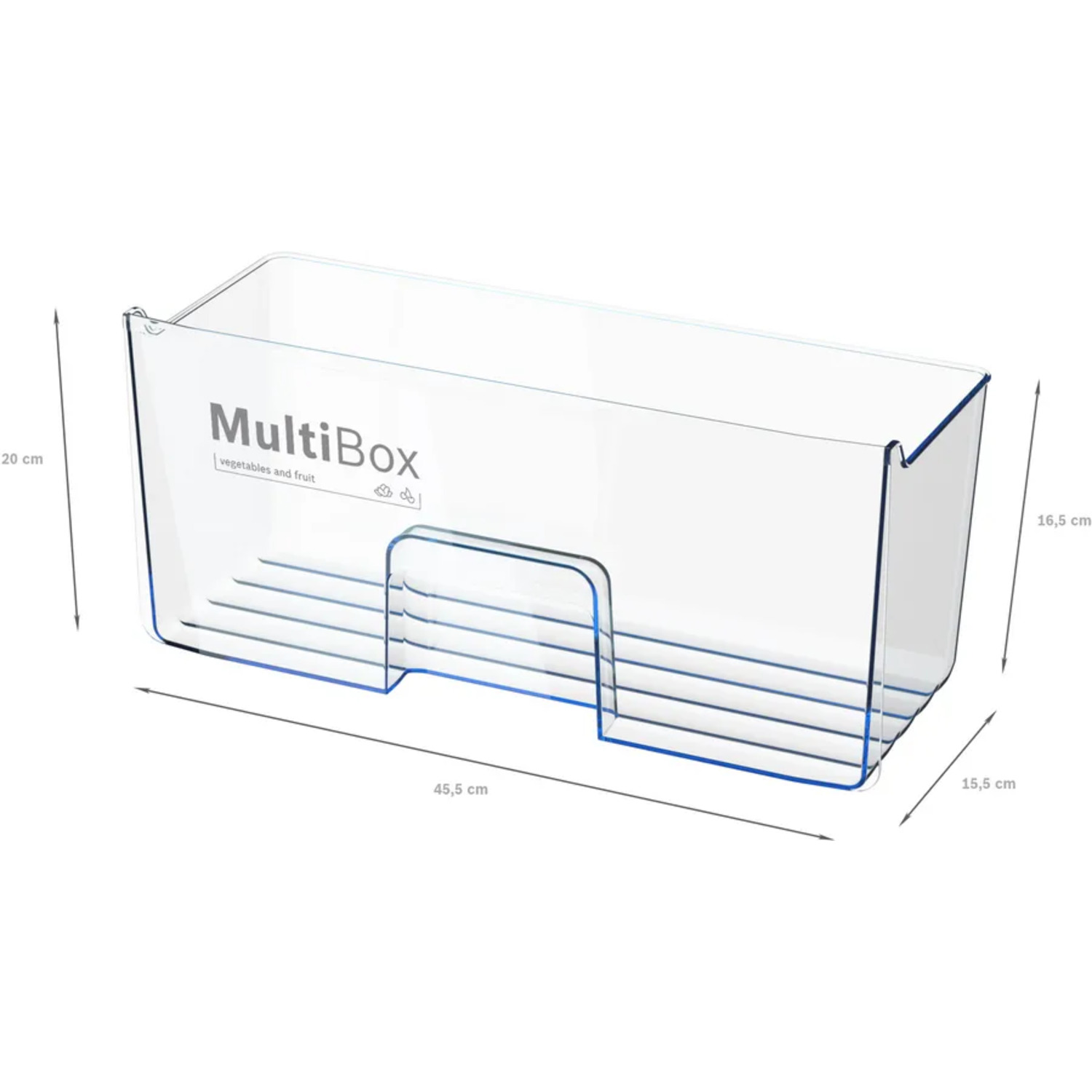 Un conteneur MultiBox en plastique transparent pour légumes et fruits, les dimensions sont affichées avec des flèches et des chiffres : 20 cm, 45,5 cm, 16,5 cm, 15,5 cm.