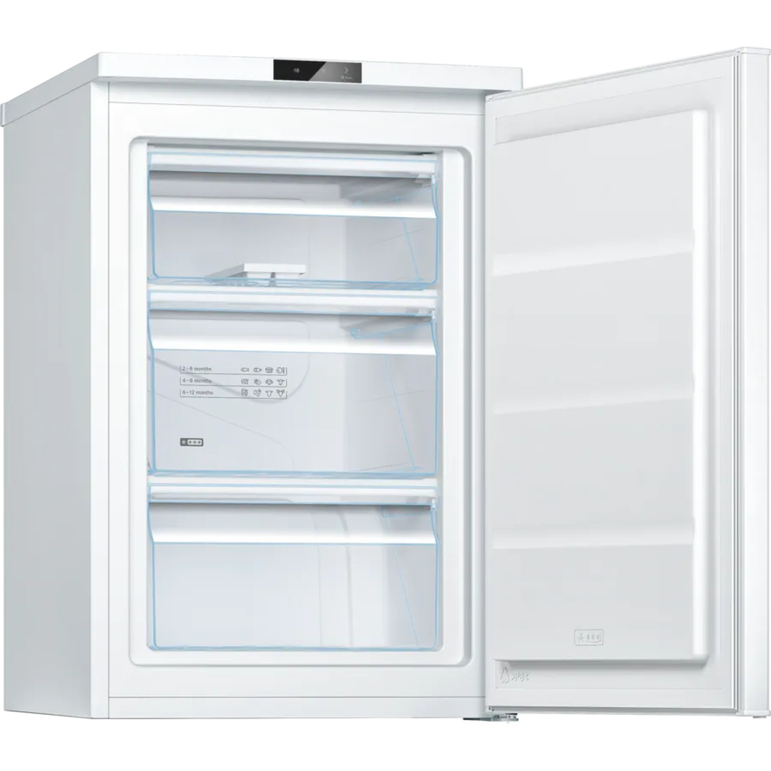 Een witte vriezer met een open deur, met drie transparante lades. De vriezer heeft een digitaal display.