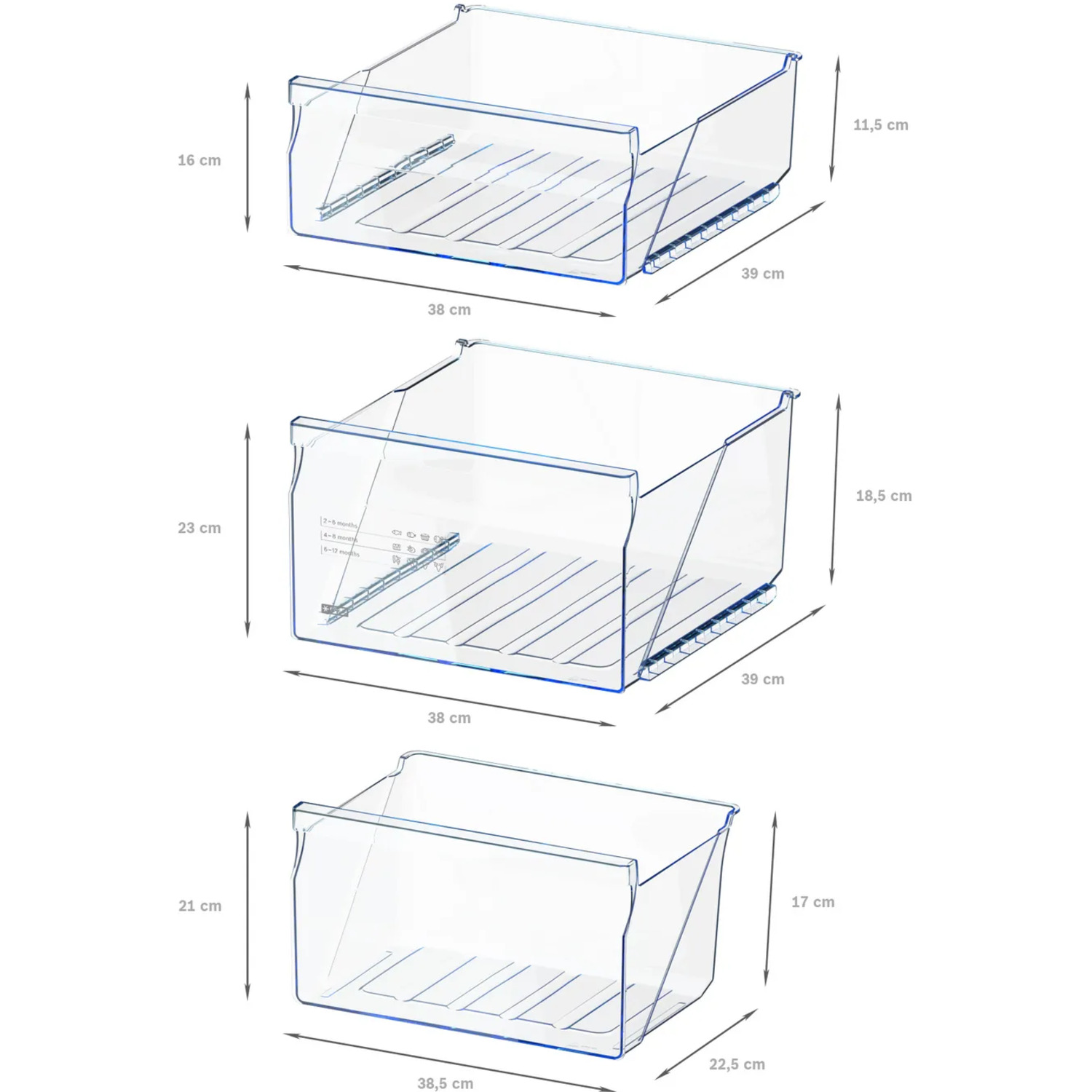 Drie transparante plastic opberglades met afmetingen. De bovenste lade is 16 cm hoog, 38 cm breed en 39 cm diep.