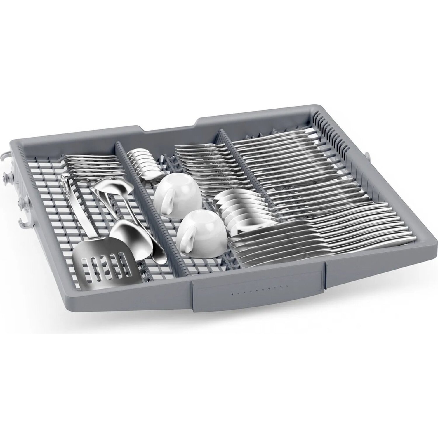 Vaatwastray met keukengerei. Lepels, vorken, messen, kopjes en serveergerei zijn gerangschikt in de grijze plastic tray.