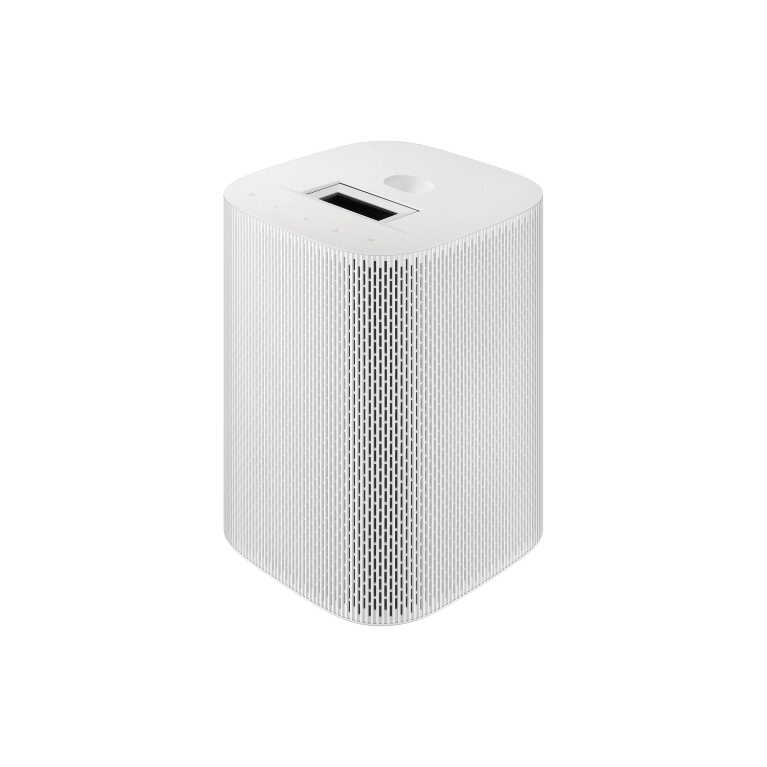 Haut-parleur cylindrique blanc sur fond noir. Il a un corps perforé et un dessus plat avec des boutons et un petit écran.