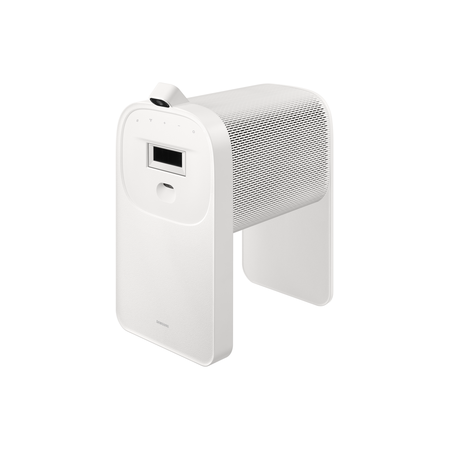 Un purificateur d'air blanc et moderne sur fond noir. Il a un dessus cylindrique avec une grille et un panneau avant avec écran.