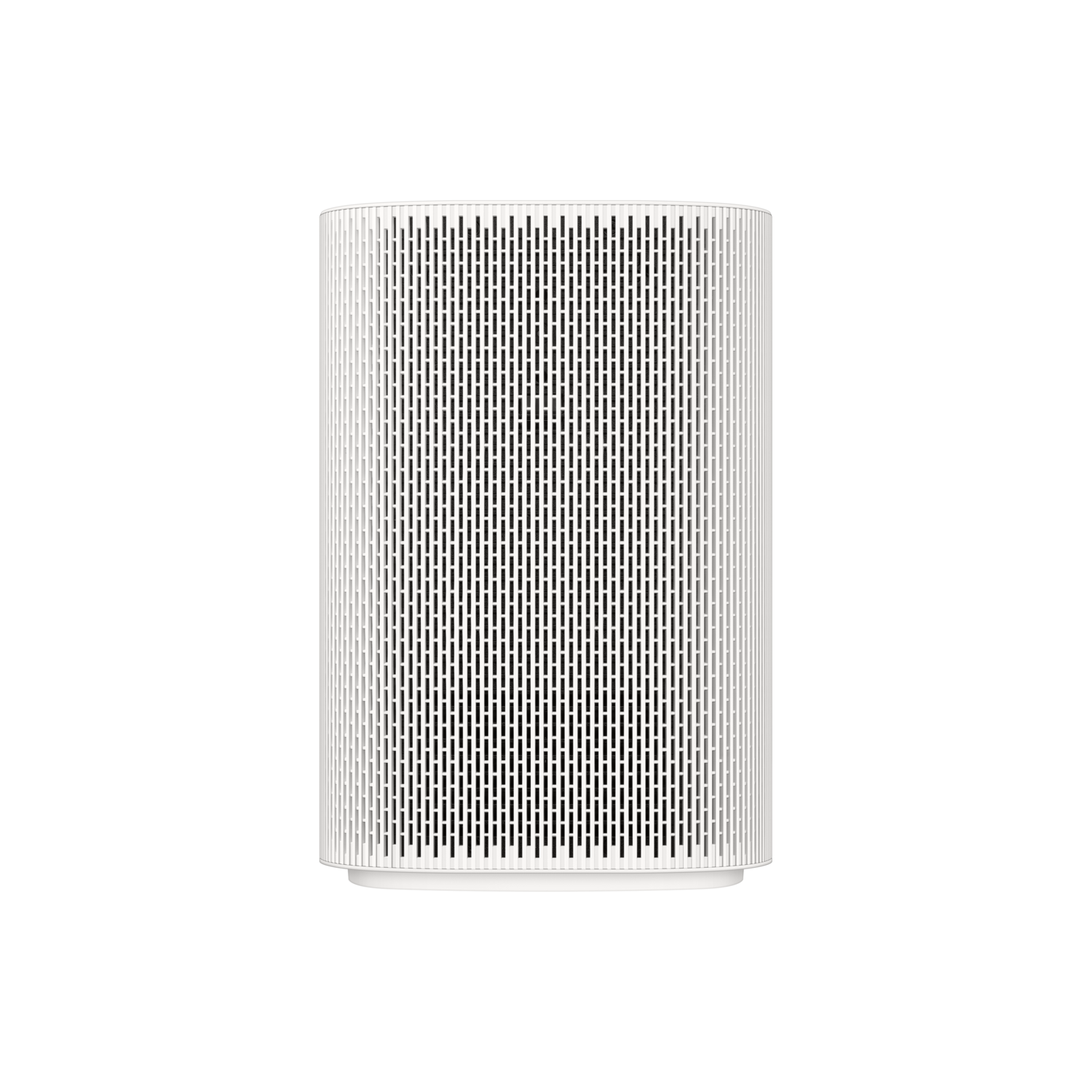 Un purificateur d'air cylindrique blanc avec une surface perforée. Le fond est noir.