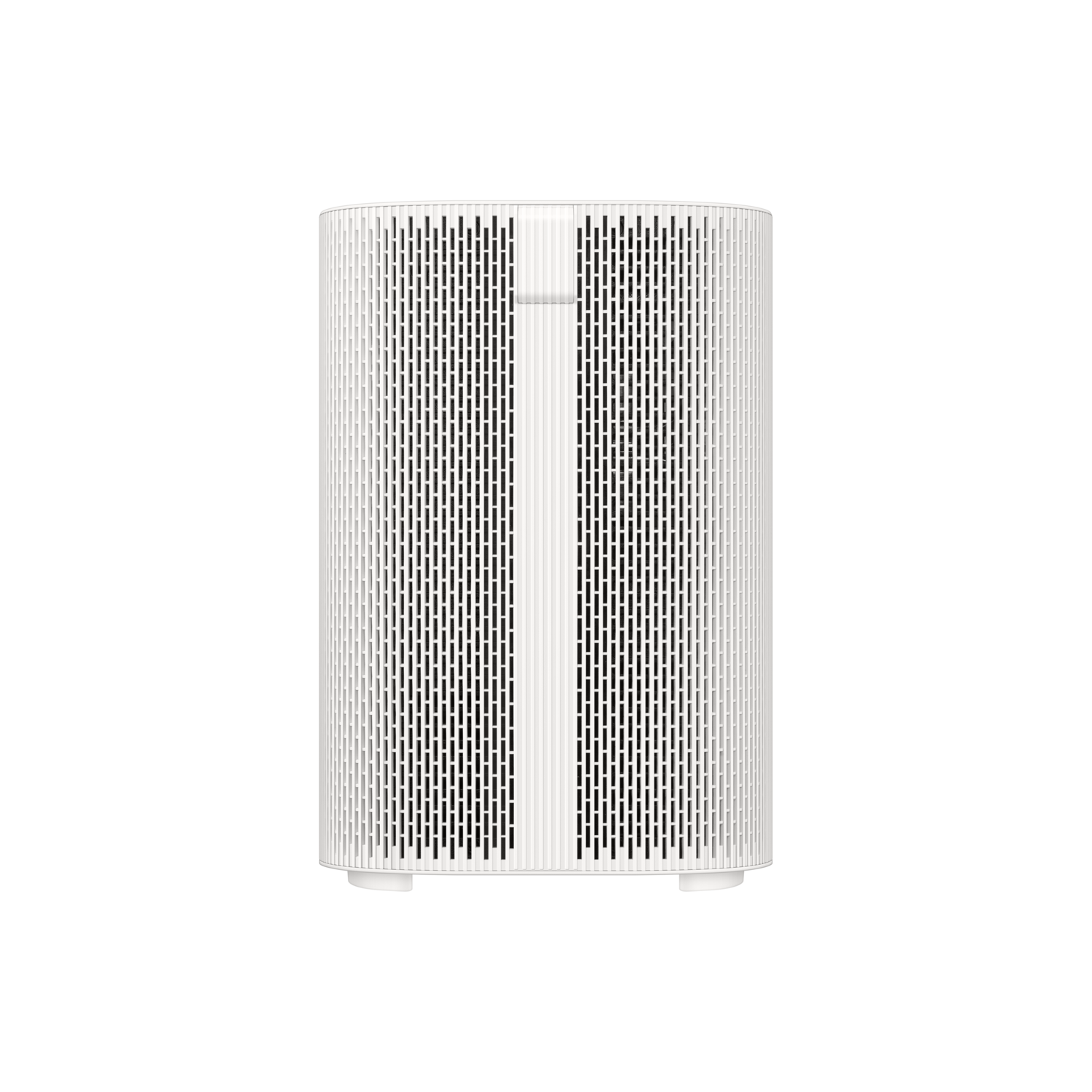 Un purificateur d'air blanc. Il est cylindrique avec des lattes verticales. Le fond est noir.