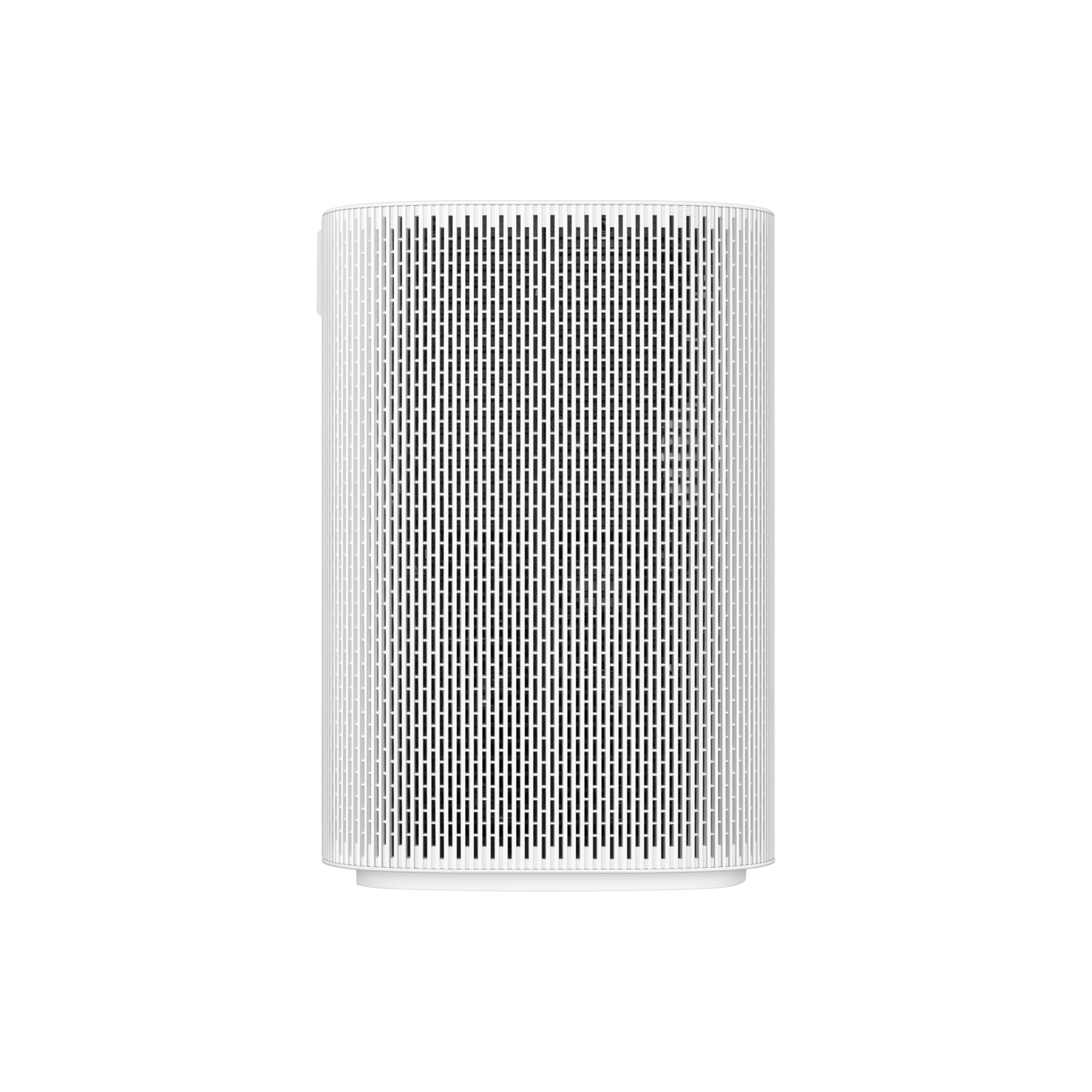 Un purificateur d'air cylindrique blanc avec des fentes verticales sur fond noir.