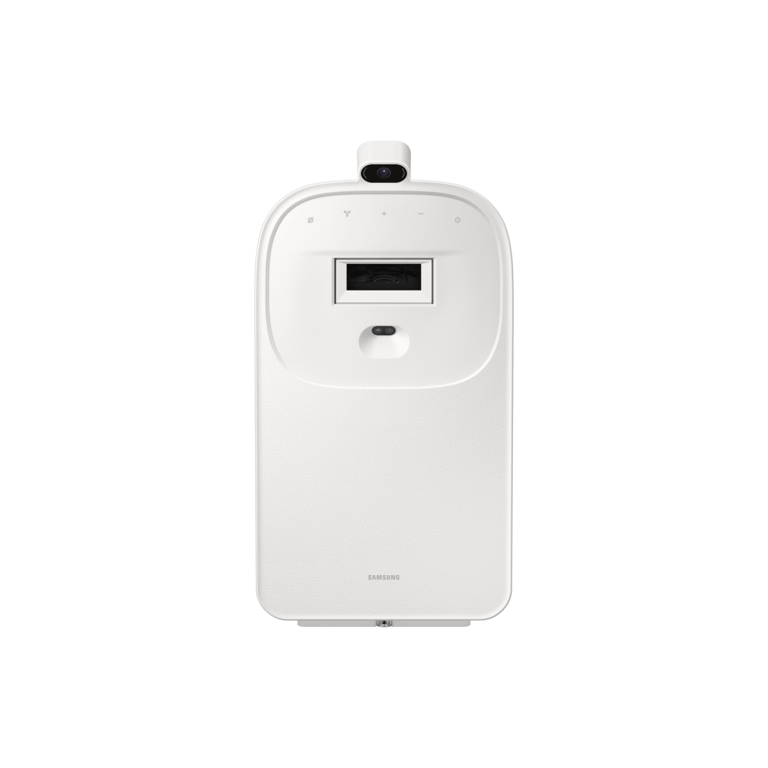 Un appareil Samsung blanc avec une caméra en haut et un écran au milieu, sur fond noir.