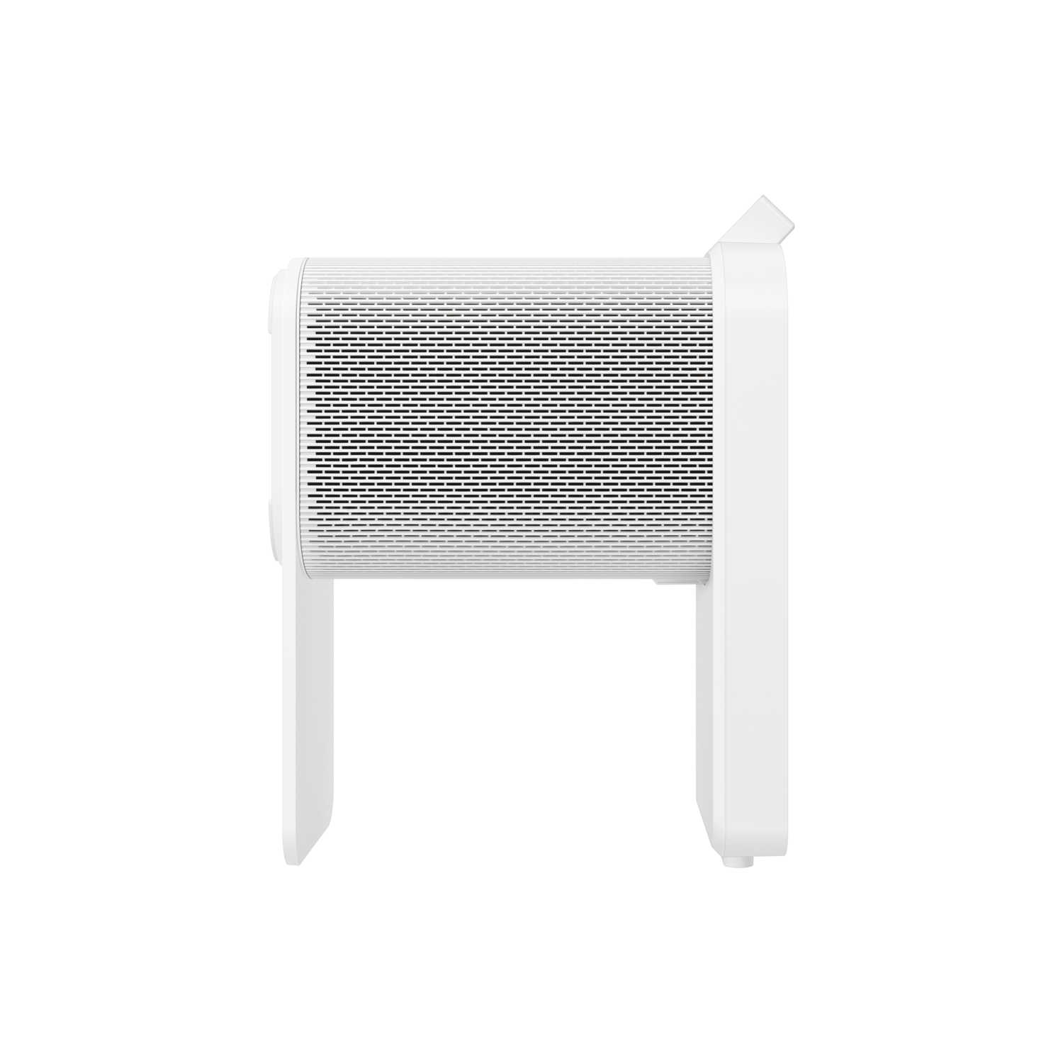 Un appareil blanc et rectangulaire avec un panneau avant perforé et deux pieds de support, sur fond noir.