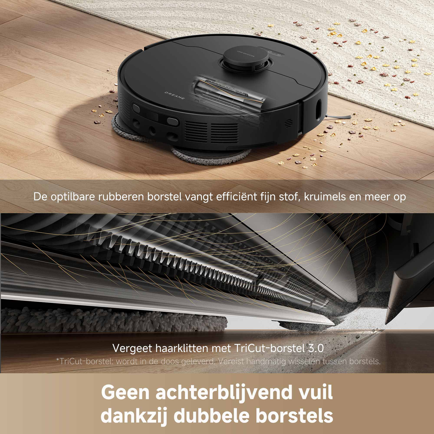 Zwarte robotstofzuiger op houten vloer, met tekst die reinigingsfuncties en efficiëntie aangeeft.