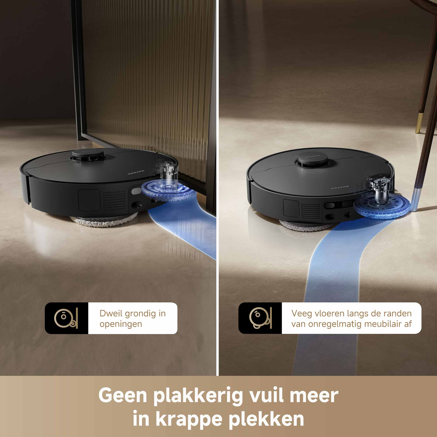 Twee robotstofzuigers, één bij een muur, de ander bij meubelpoten. Beide hebben blauwe schoonmaakpaden. De tekst luidt: "Geen plakkerig vuil."