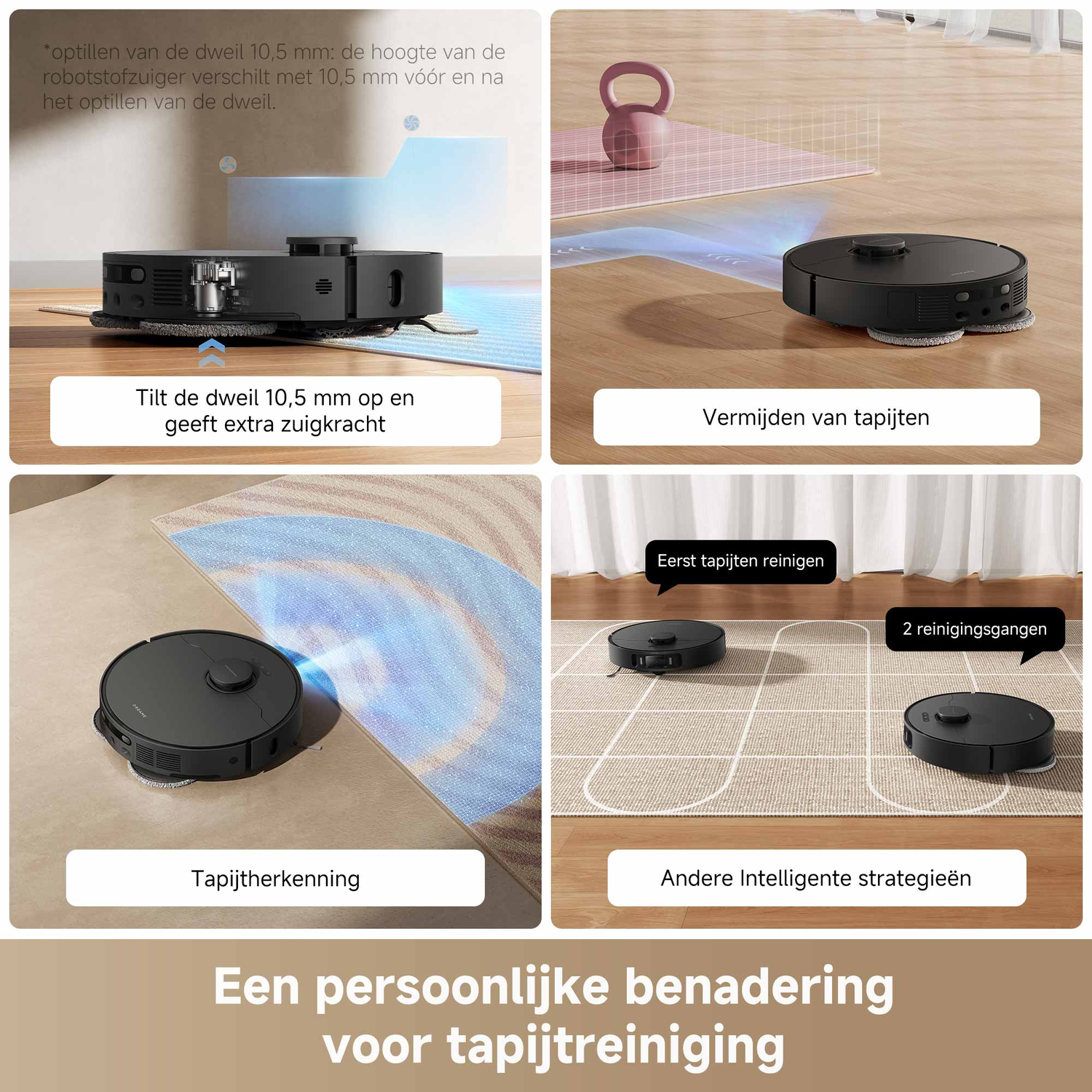 Een robotstofzuiger maakt een huis schoon. Toont de functie van de stofzuiger, zoals het reinigen van tapijten en het vermijden van tapijten.