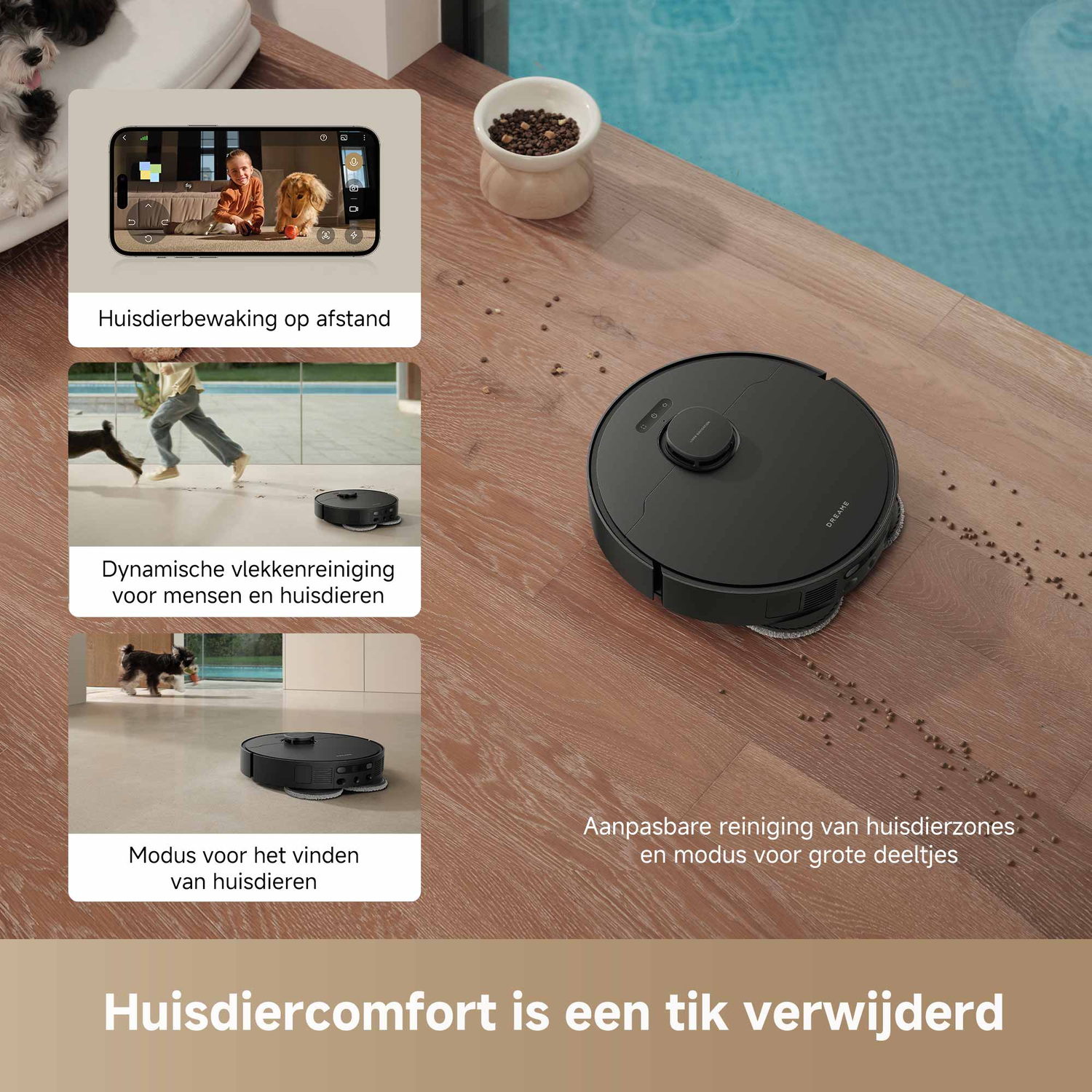 Een zwarte robotstofzuiger op een houten vloer. Een bakje met dierenvoer en een smartphone met een kind en een hond.