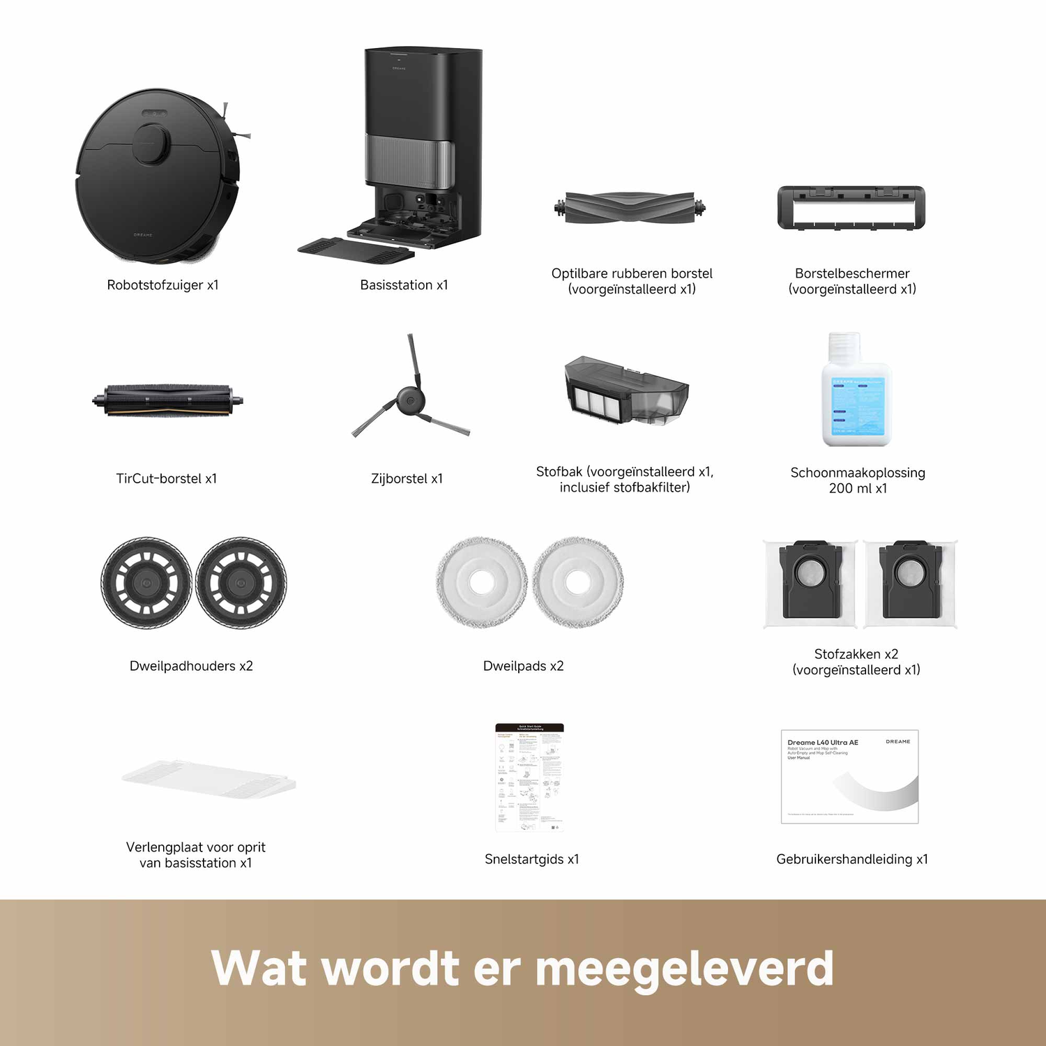 Afbeelding toont een robotstofzuiger, een basisstation, borstels, reinigingsoplossing, stofzakken en een gebruikershandleiding.