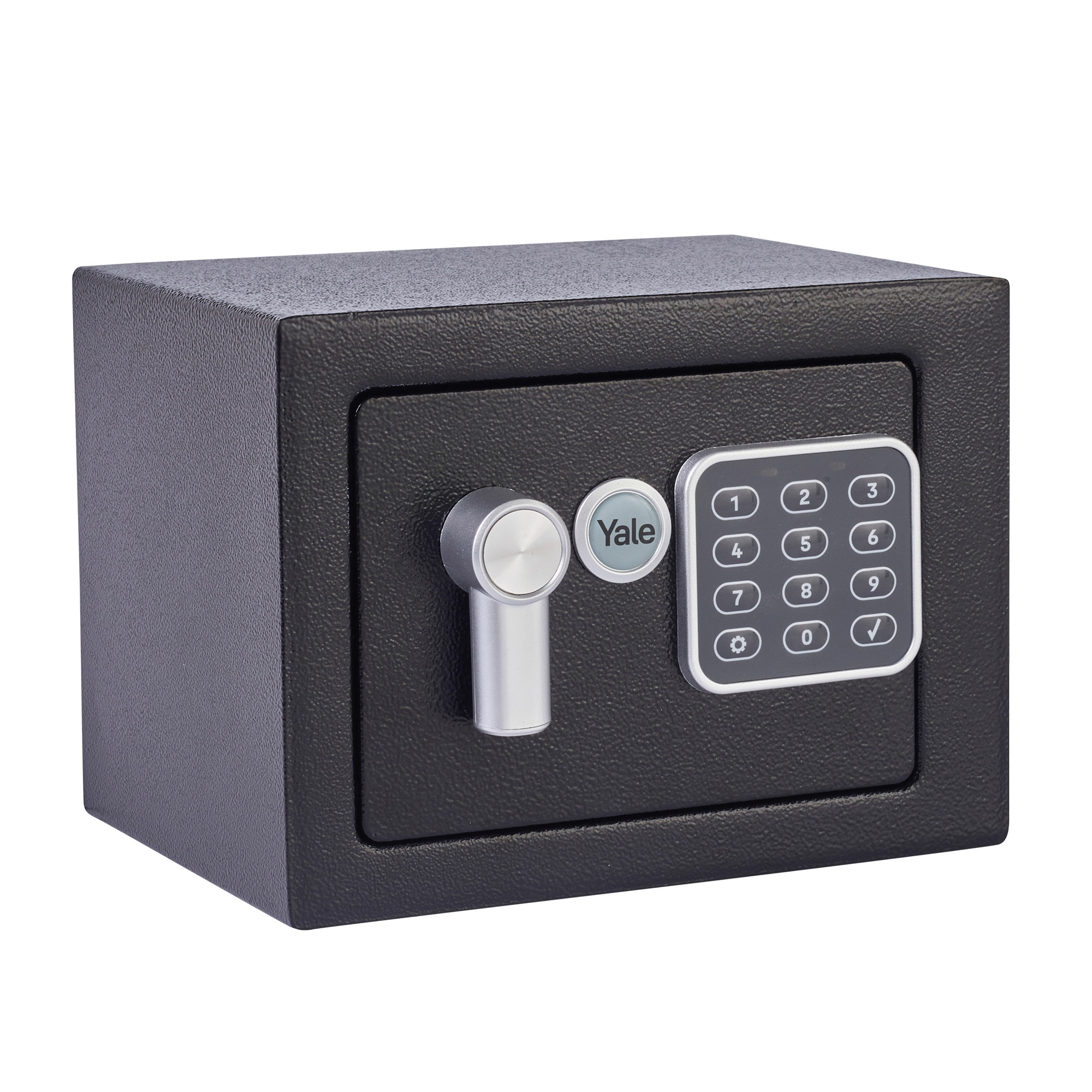 Ein schwarzer Yale-Safe mit Tastatur und silbernem Griff. Der Safe steht auf weißem Hintergrund.