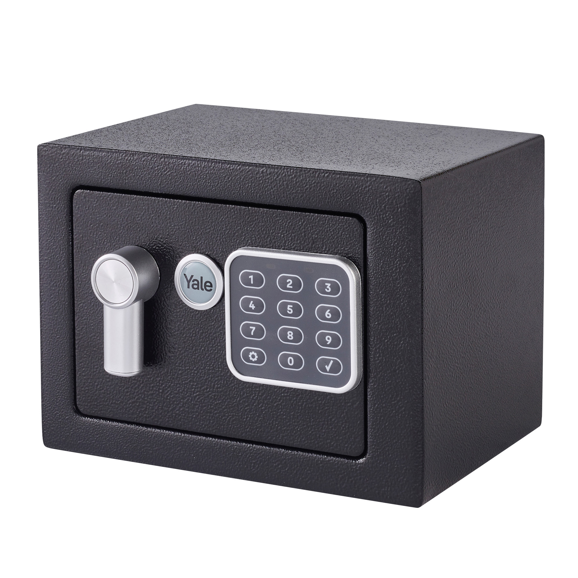 Ein schwarzer Yale-Safe mit Tastatur und silbernem Griff. Der Tresor befindet sich auf weißem Hintergrund.