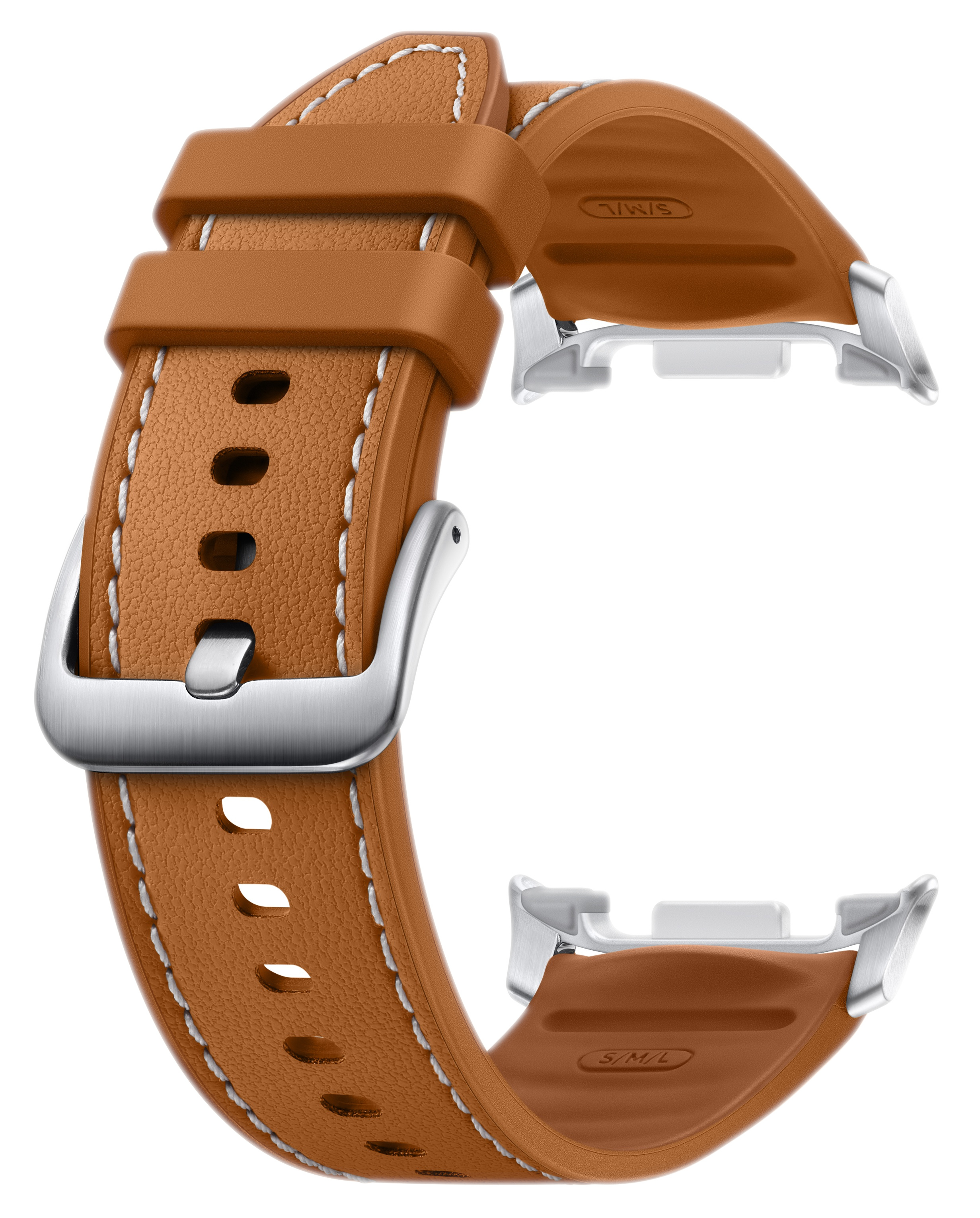 Brązowy skórzany pasek do zegarka z białymi przeszyciami i srebrną klamrą. Tło jest czarne.