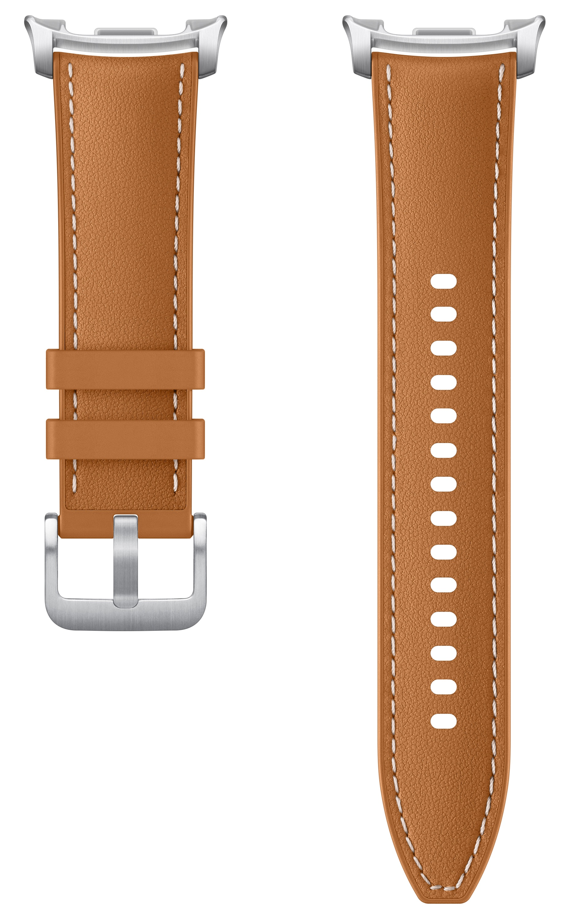 Dwa brązowe skórzane paski do zegarka na białym tle. Jeden z klamrą i szlufkami, drugi z otworami.