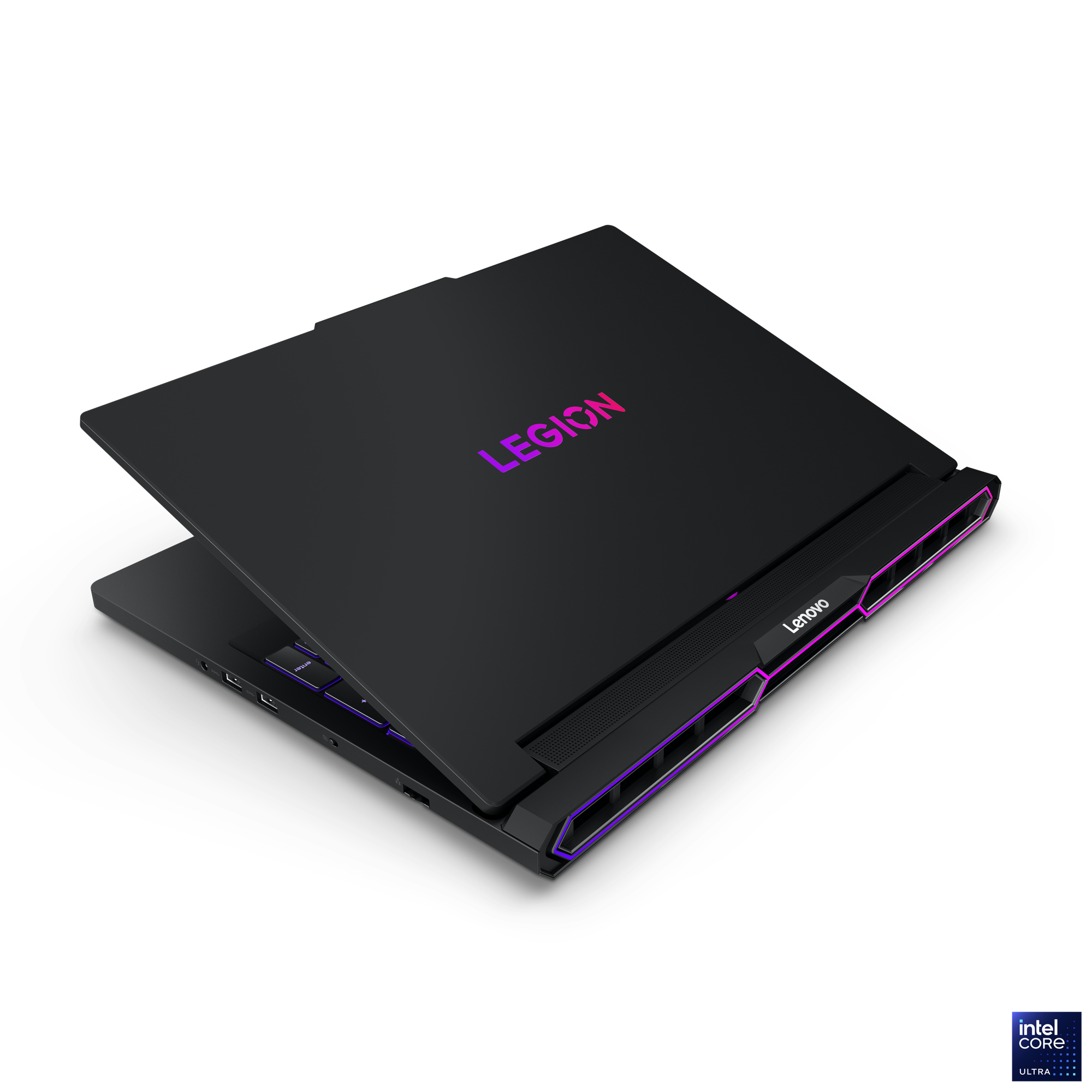 Schwarzer Lenovo Legion Laptop, geöffnet, mit Tastatur und Legion-Logo. Mit lila und rosa Akzenten. Intel Core Ultra Aufkleber sichtbar.