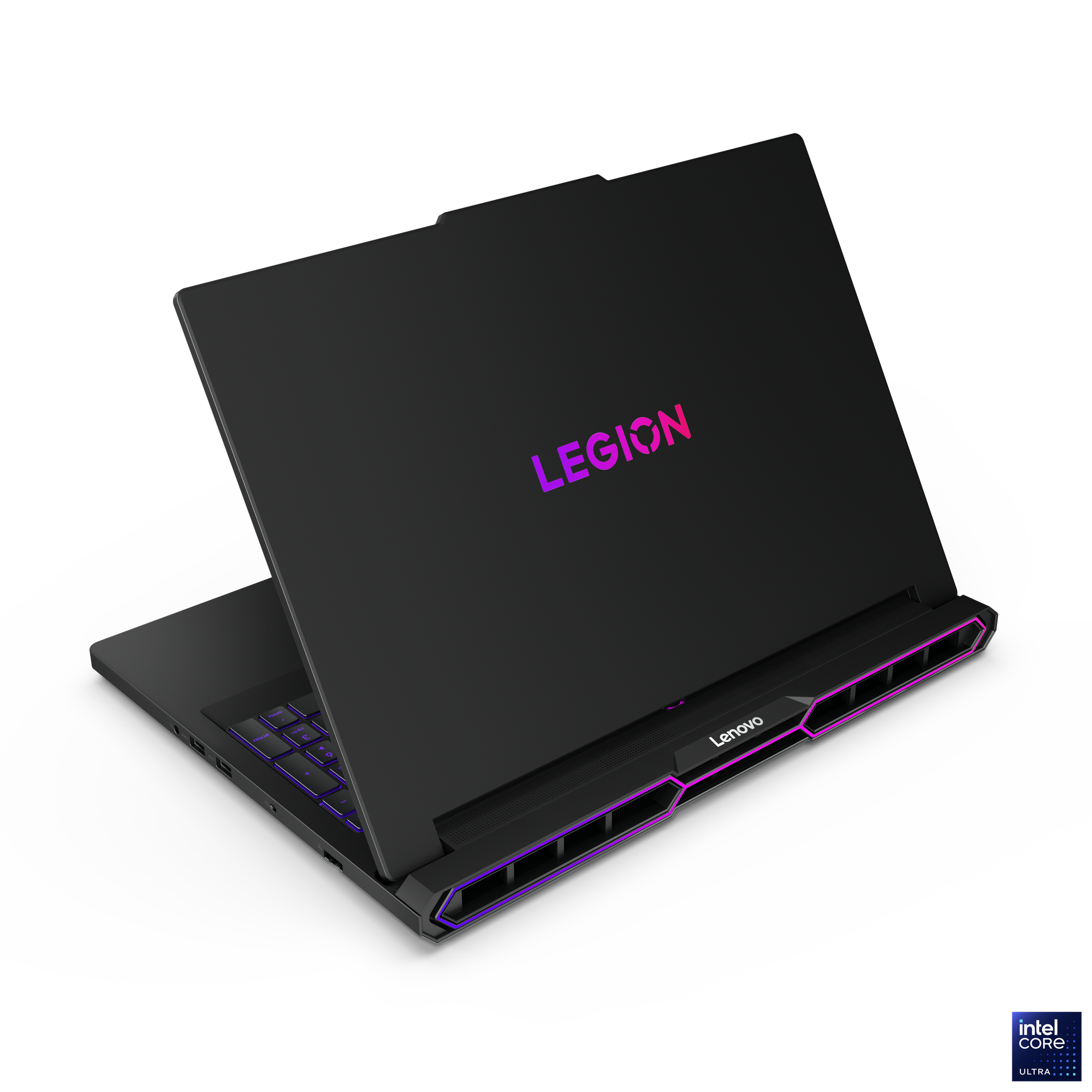 Schwarzer Lenovo Legion Laptop, geöffnet. Der Deckel zeigt das Wort LEGION in Lila. Die Tastatur ist mit farbigen Lichtern sichtbar.