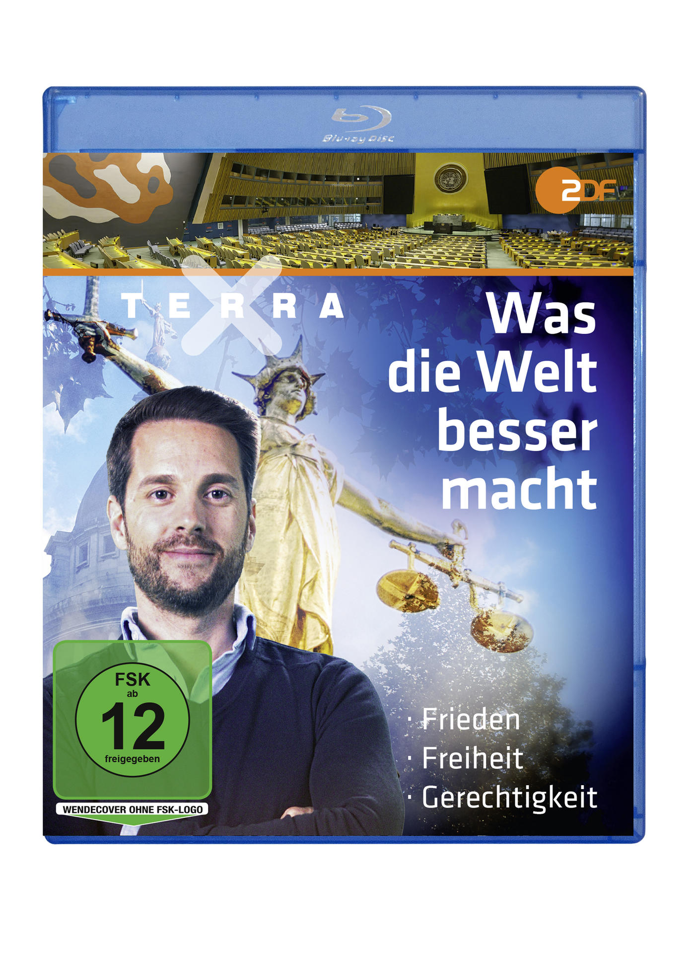 Blu-ray-Hülle mit einem Mann, einer Statue und Text auf Deutsch. Der Titel lautet "Was die Welt besser macht". FSK 12-Bewertung.