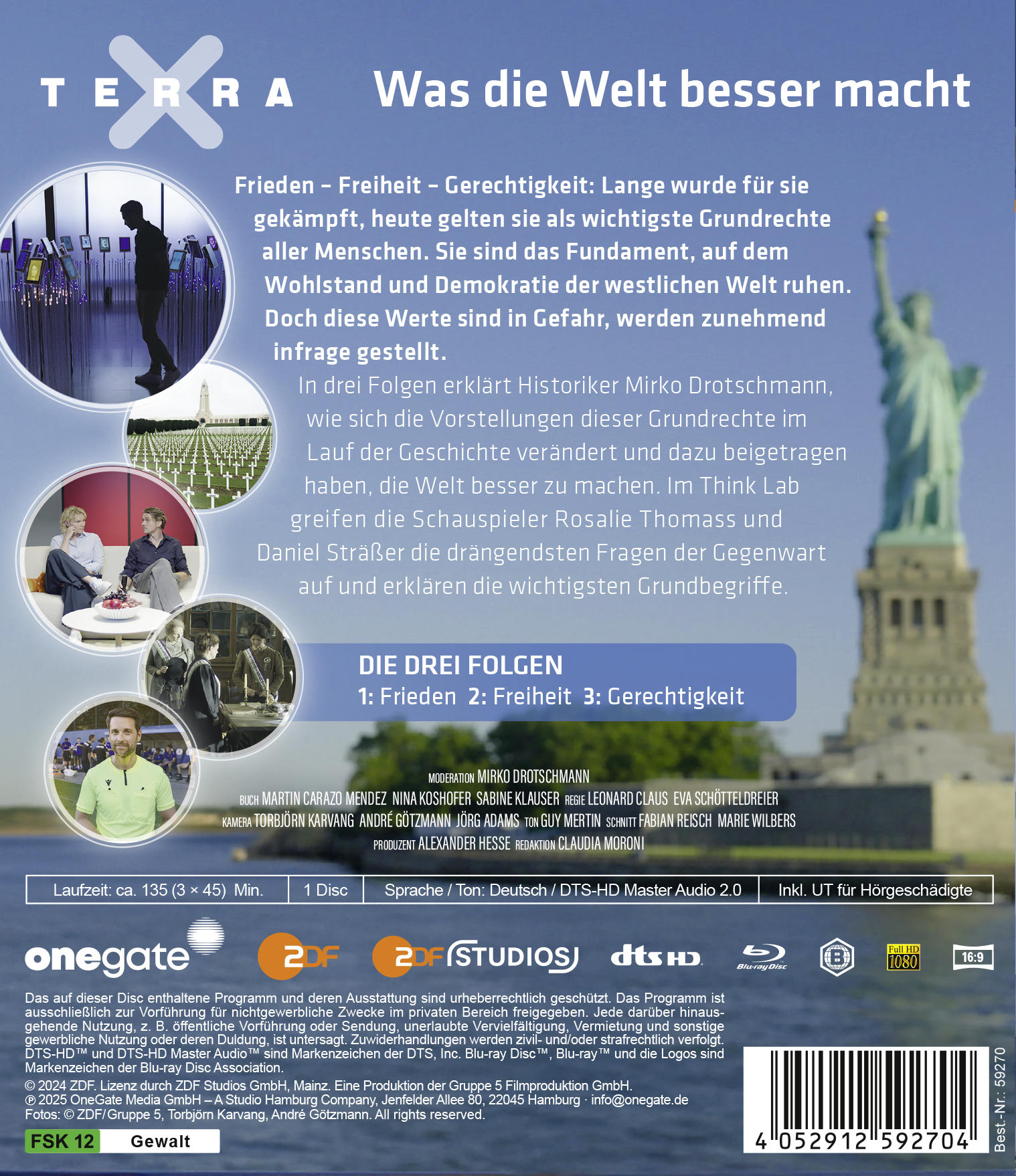 Poster mit Text über Freiheit, Gerechtigkeit und Frieden, mit einer Silhouette, der Freiheitsstatue und Schauspielern. Blu-ray-Details.