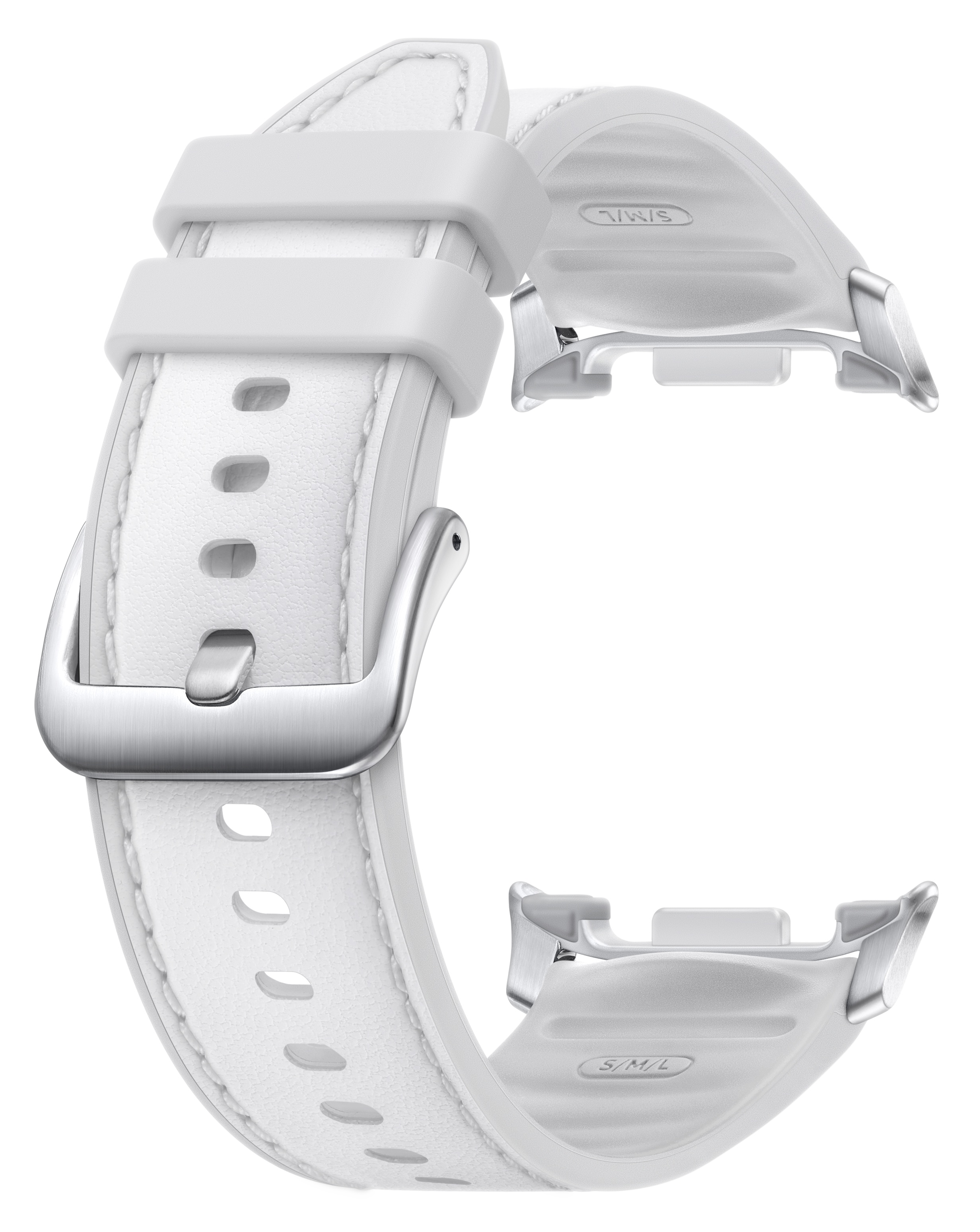 Biały pasek do zegarka ze srebrną klamrą na czarnym tle. Pasek ma kształt litery C.