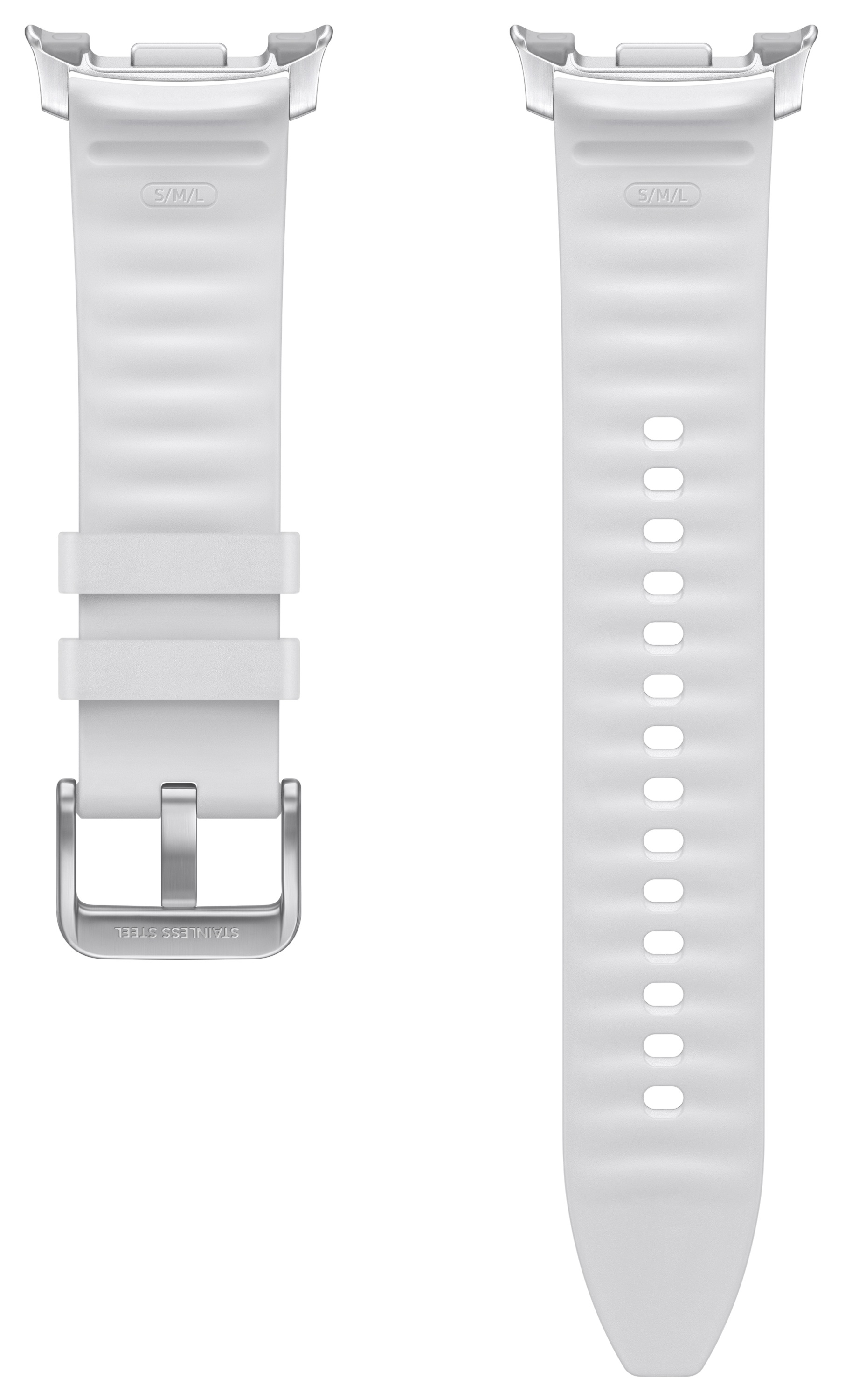 Dwa białe paski do zegarka. Jeden ma klamrę i dwie szlufki, drugi otwory. Oba mają oznaczenia 'S/M/L'.