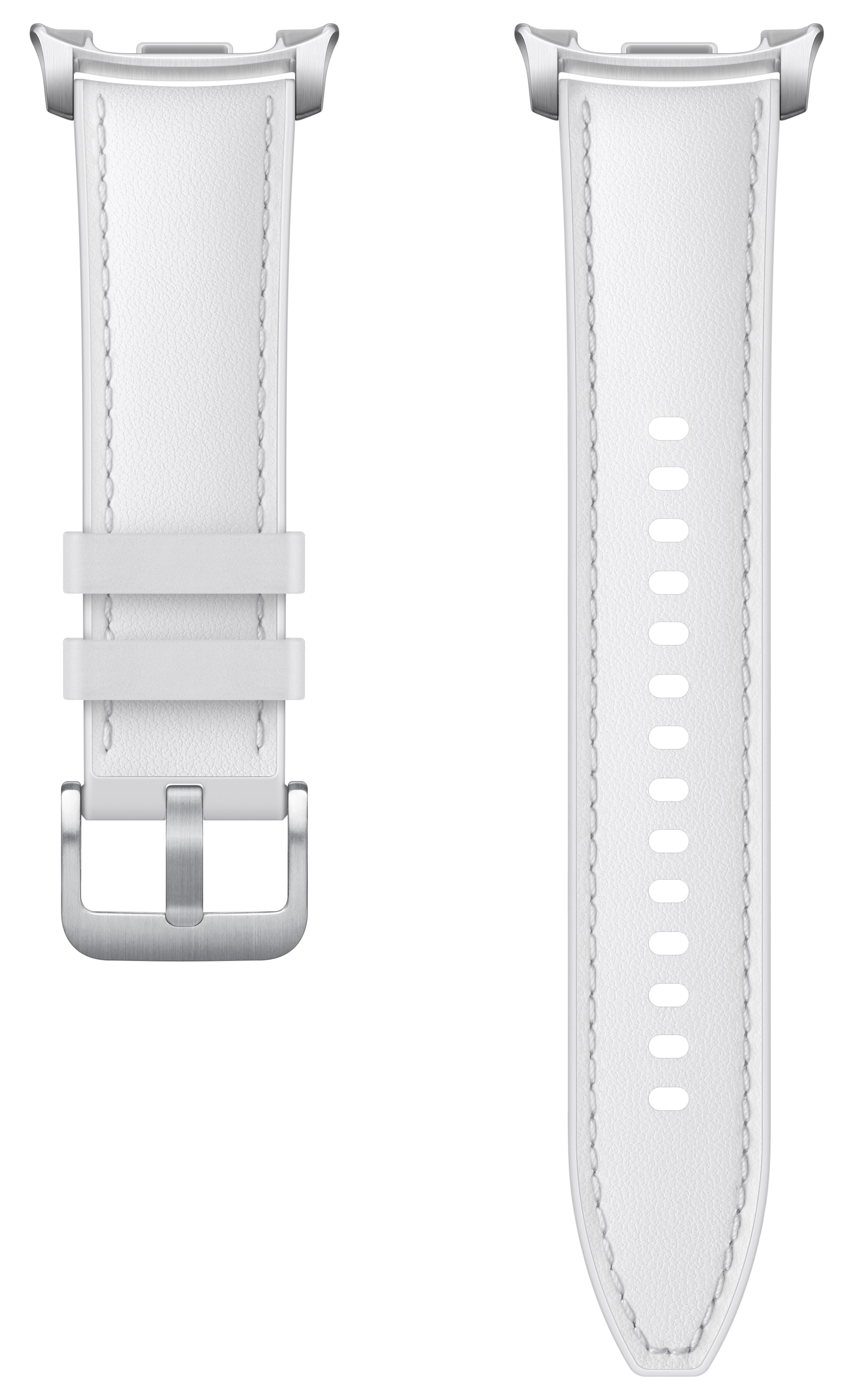 Biały skórzany pasek do zegarka ze srebrną klamrą, dwoma paskami zabezpieczającymi i rzędem otworów.