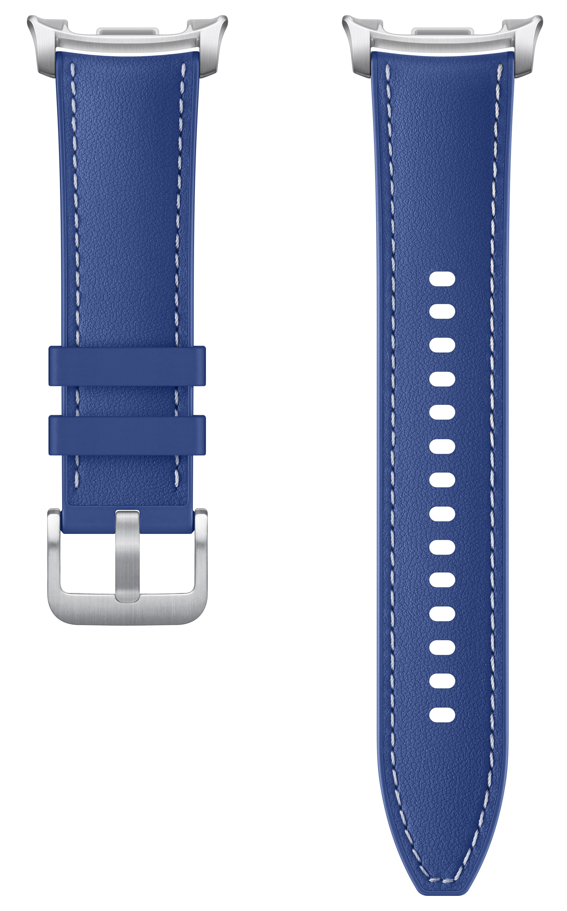 Pasek do zegarka, niebieska skóra z białymi przeszyciami. Posiada srebrną sprzączkę i mocowania.