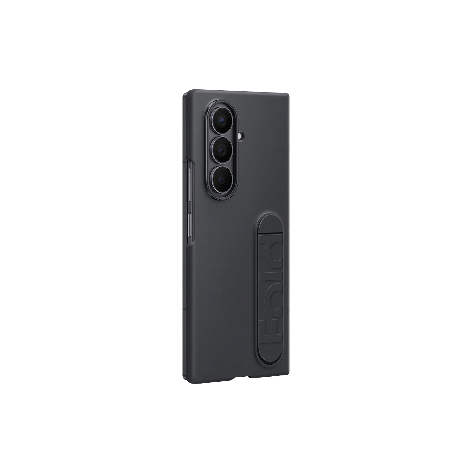 Funda de teléfono gris oscuro con tres cámaras y logo.
