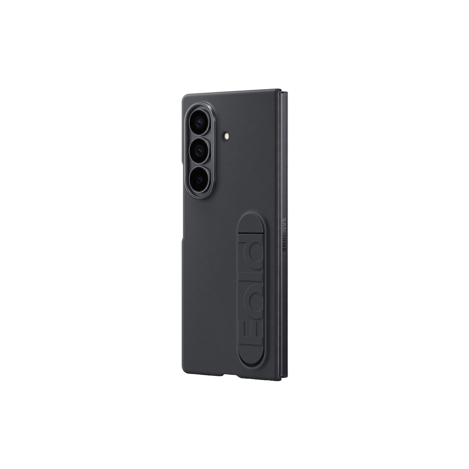 Un teléfono móvil negro con tres cámaras traseras y texto en la parte posterior.