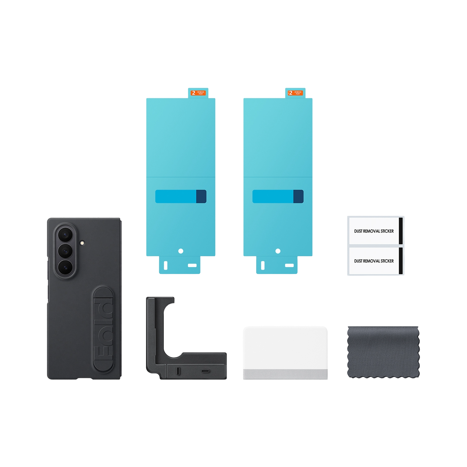 Una funda de teléfono negra, dos ayudas de aplicación azules, pegatinas para quitar el polvo, una tira blanca.