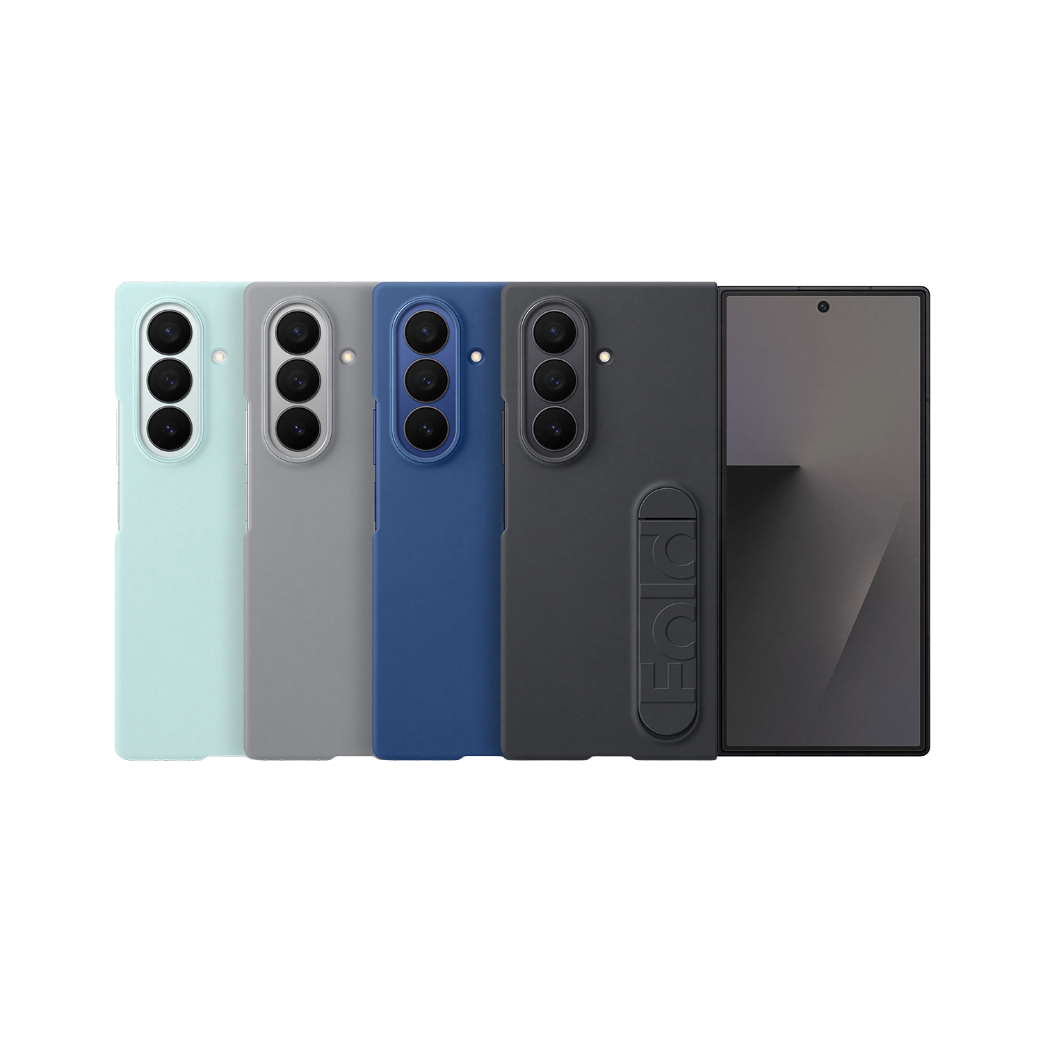 Cuatro fundas de teléfono en menta, gris, azul y negro, junto a un smartphone.