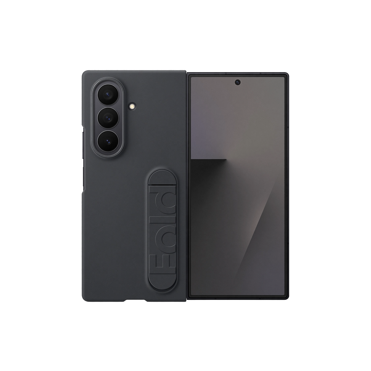 Teléfono plegable gris oscuro con tres cámaras en la parte trasera y protector de pantalla.