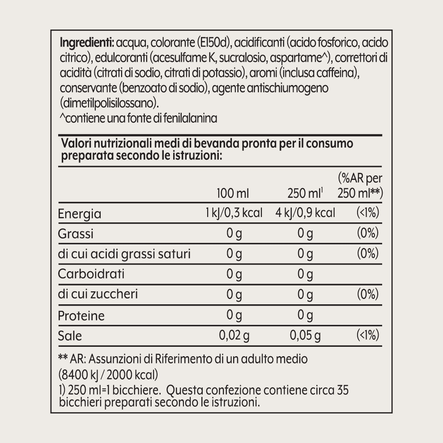 Etichetta nutrizionale con ingredienti e valori per 100 ml e 250 ml. Include energia, grassi, carboidrati, proteine e sale.