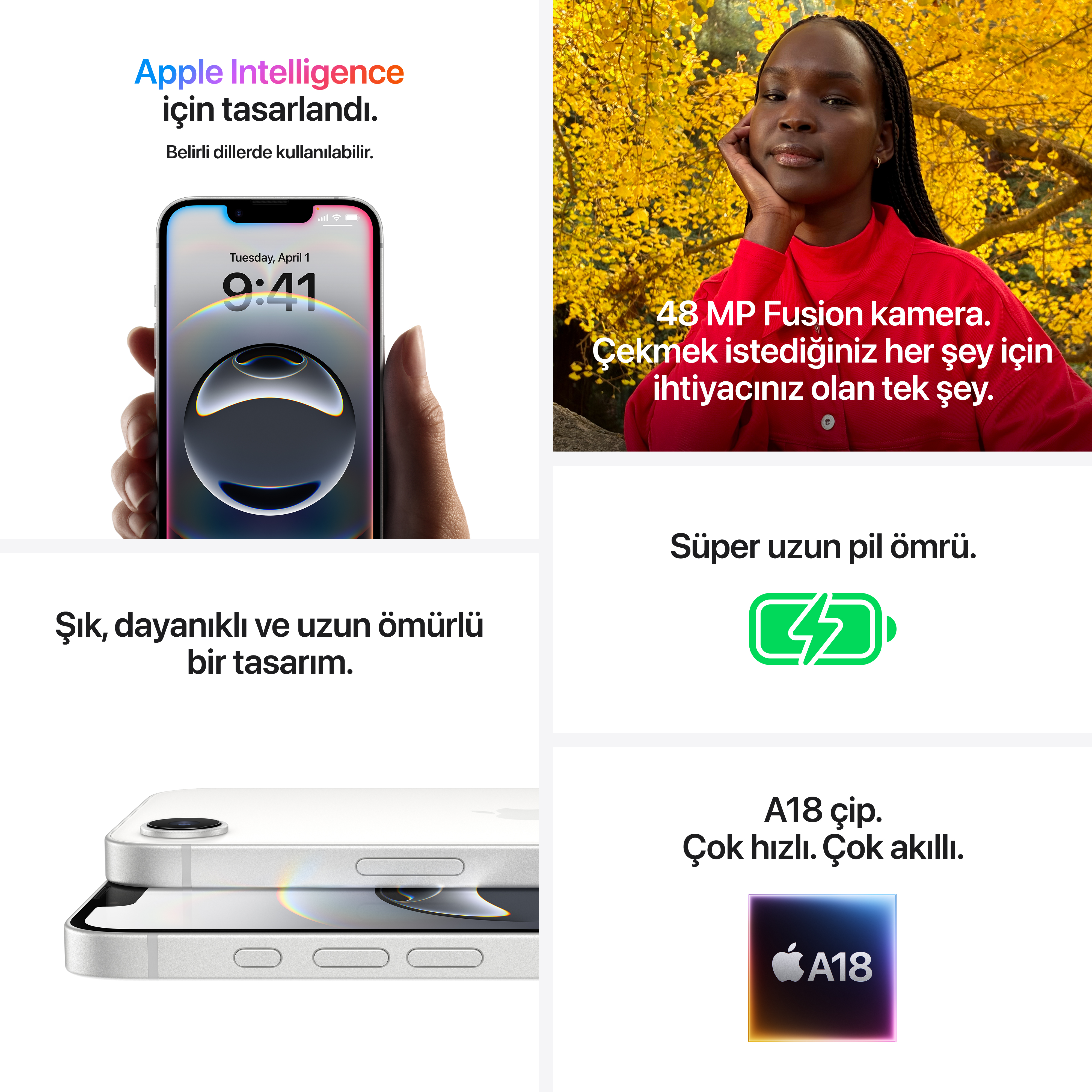 Reklamda bir iPhone, bir kadın ve 48MP kamera, uzun pil ömrü ve A18 çipi gibi özellikler gösteriliyor.