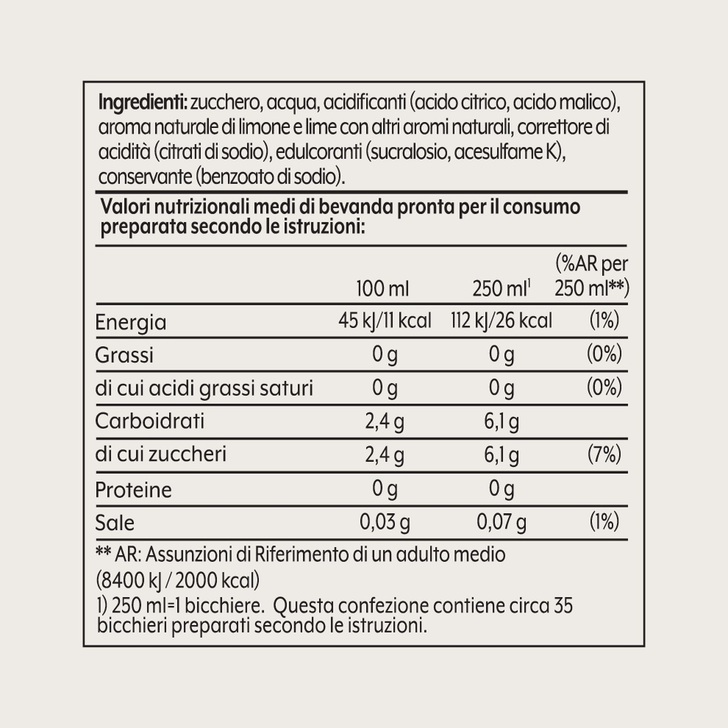 Un'etichetta nutrizionale in italiano. Elenca ingredienti e informazioni nutrizionali per 100 ml e 250 ml di una bevanda.