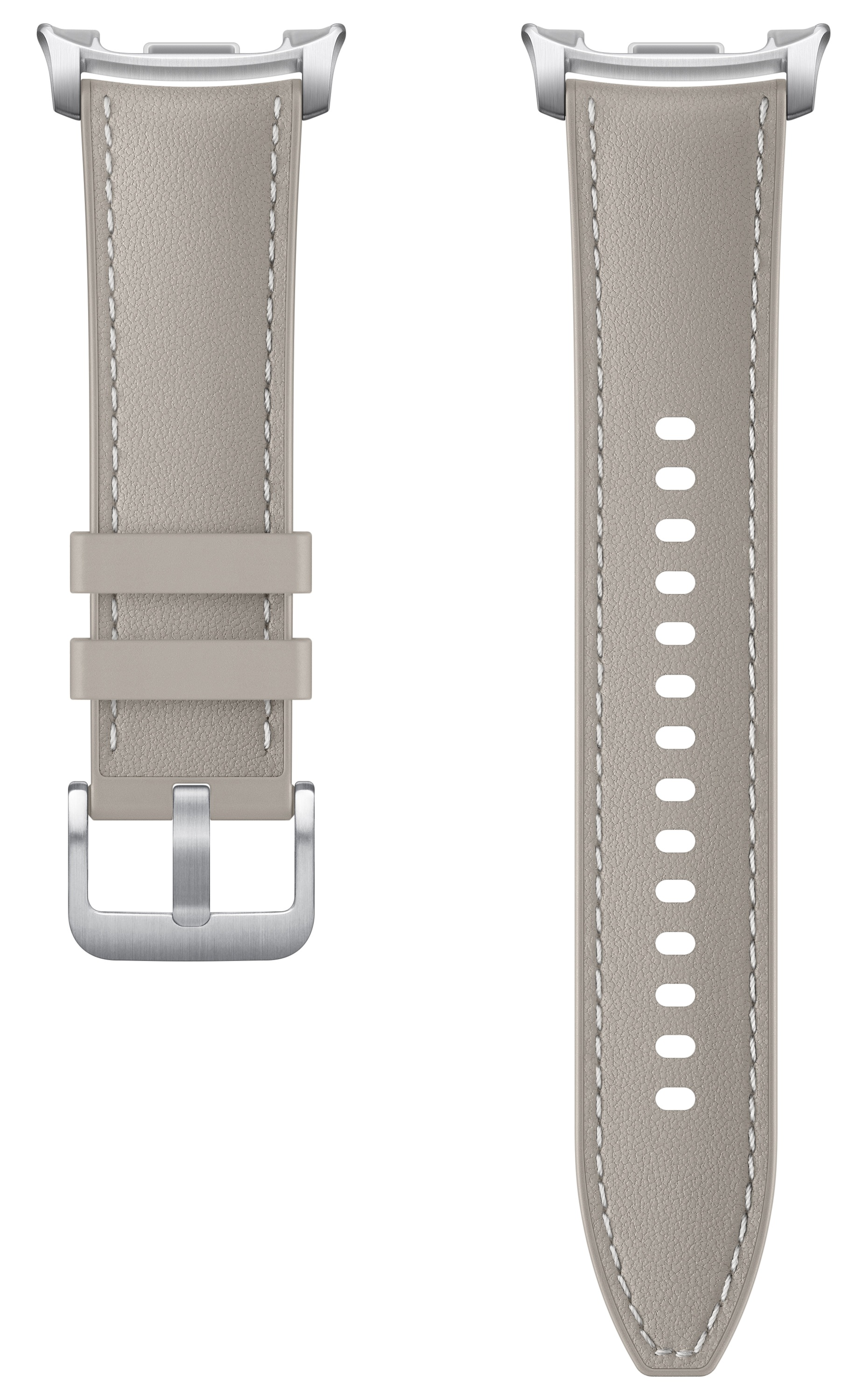 Jasnoszary skórzany pasek do zegarka z białymi przeszyciami i srebrną klamrą.