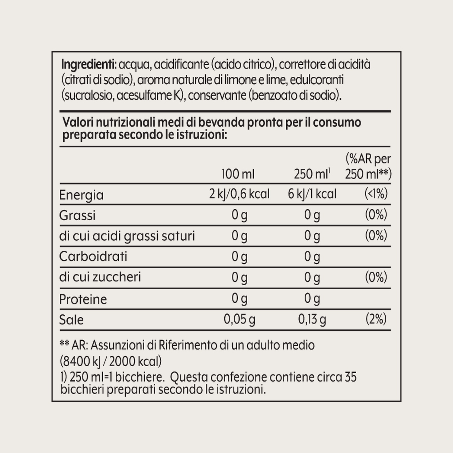 Informazioni nutrizionali di una bevanda. Ingredienti e valori sono elencati in italiano, tra cui energia, grassi, carboidrati e sale.