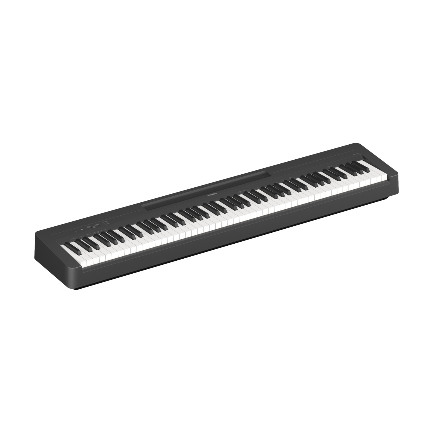 Un pianoforte digitale nero con tasti bianchi e neri su sfondo bianco. È un marchio Yamaha.