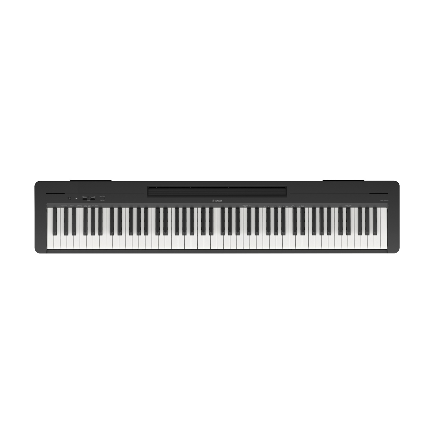 Un pianoforte digitale Yamaha nero con tasti bianchi e neri, visto dall'alto, su sfondo bianco.
