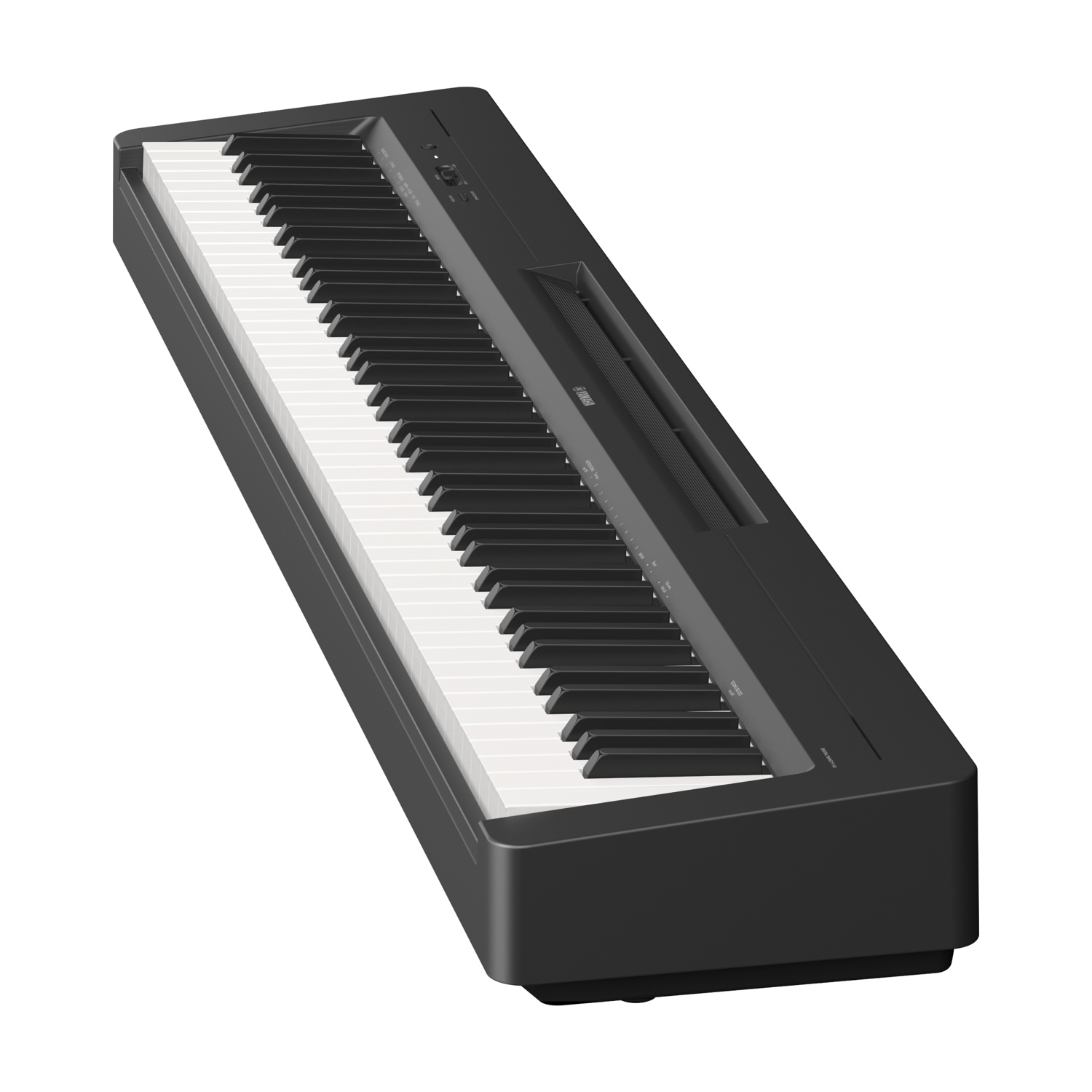 Un pianoforte digitale Yamaha nero con tasti bianchi e neri è angolato verso lo spettatore. I tasti sono in primo piano.