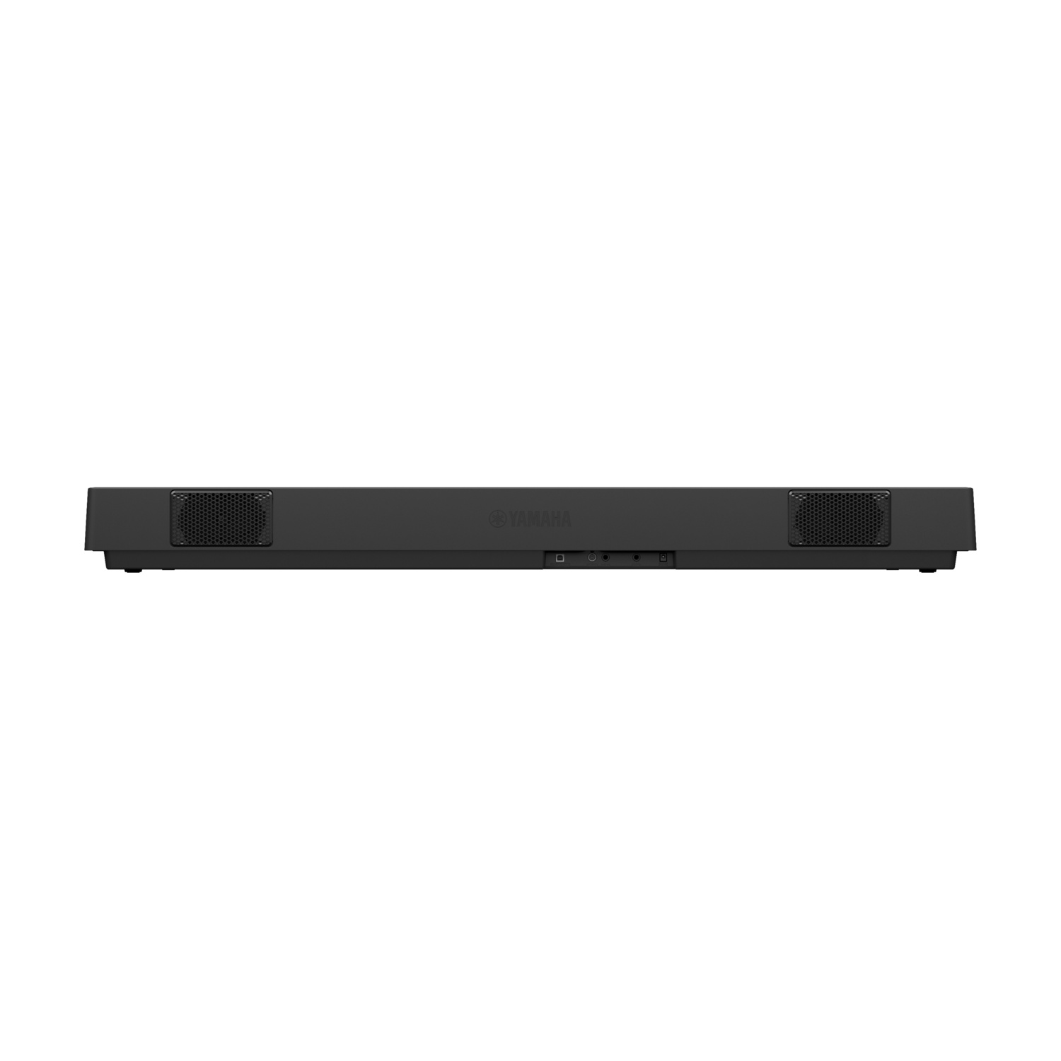 Una soundbar Yamaha nera. Ha due griglie per altoparlanti alle estremità e porte al centro. Il logo Yamaha è a destra.
