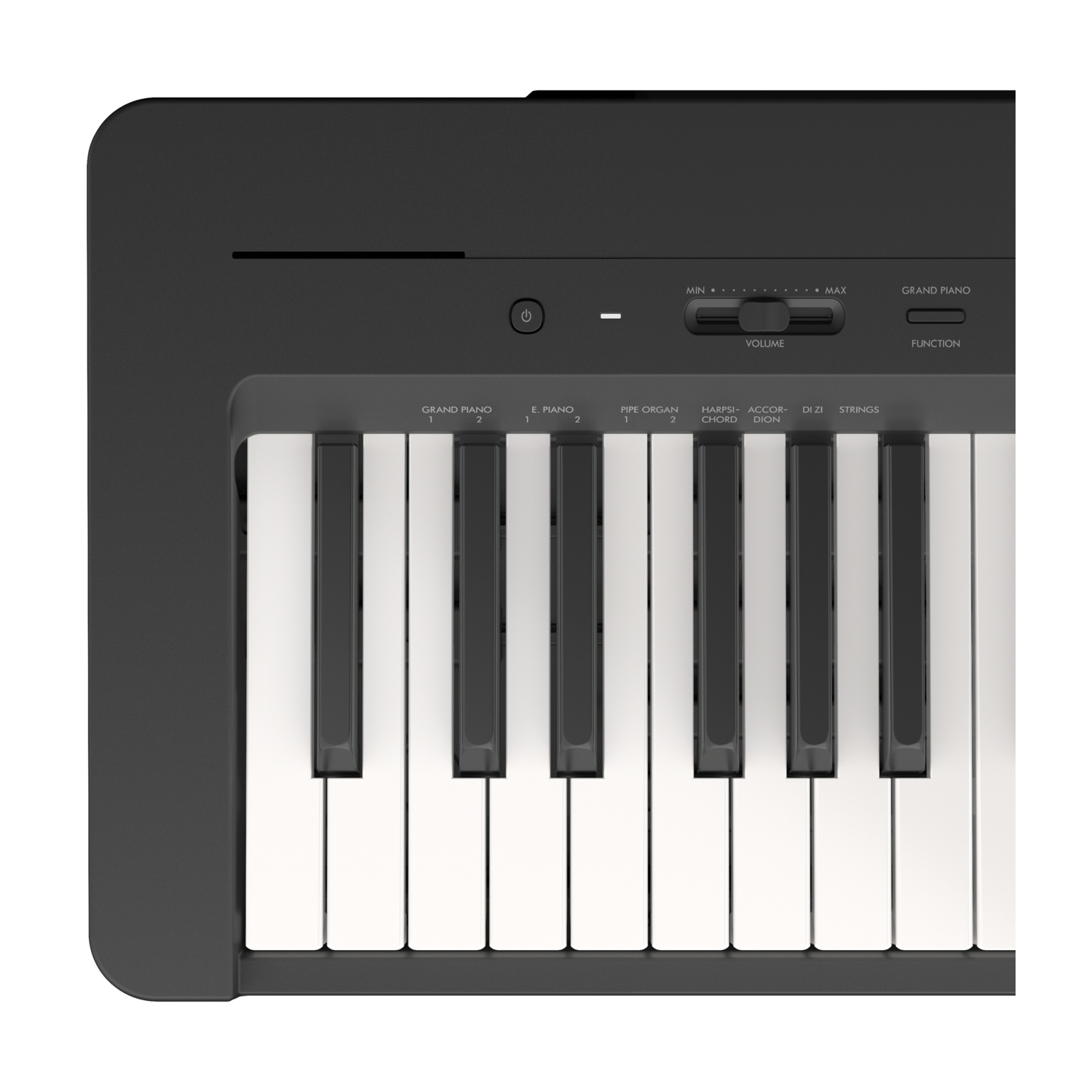 Primo piano di un pianoforte nero con tasti bianchi e neri. Pannello di controllo superiore: cursore del volume, tasti funzione e opzioni audio.