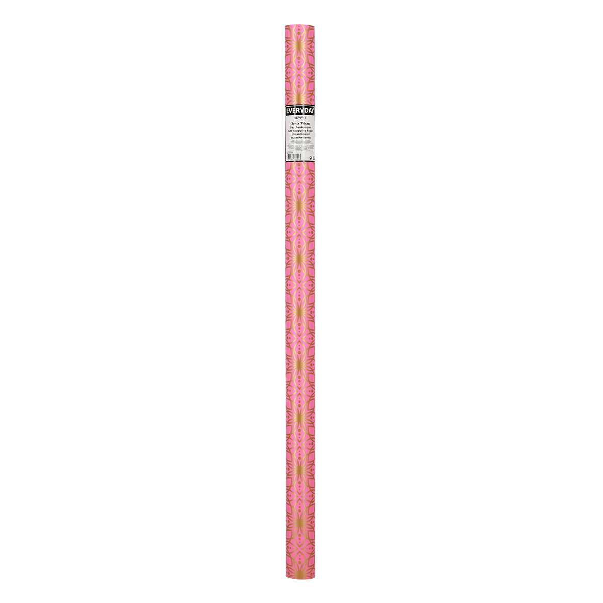 Eine Rolle rosa Geschenkpapier mit goldenem geometrischen Muster. Das Etikett 'EVERYDAY' ist sichtbar.