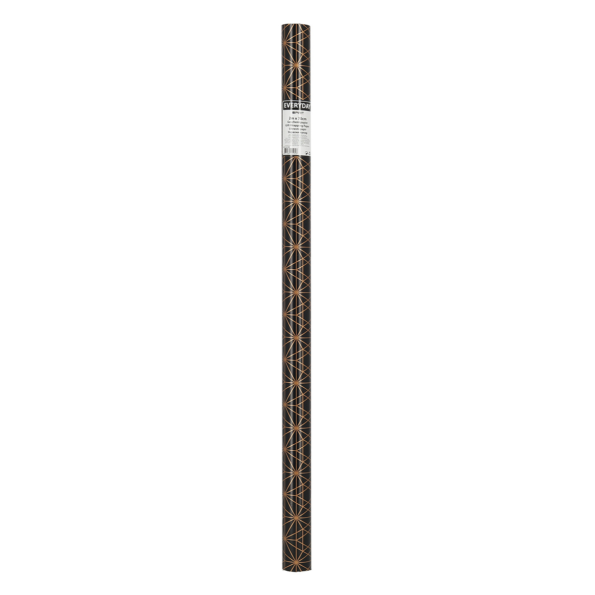 Eine Rolle schwarzes Geschenkpapier mit goldenen geometrischen Mustern. Das Etikett lautet 'EVERYDAY'.