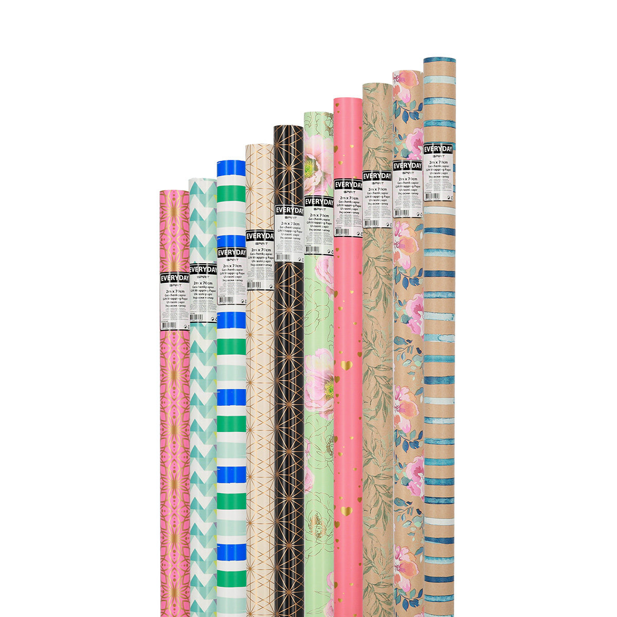 Sortiment von Geschenkpapierrollen in verschiedenen Farben und Mustern, darunter Streifen, Blumen und geometrische Designs.